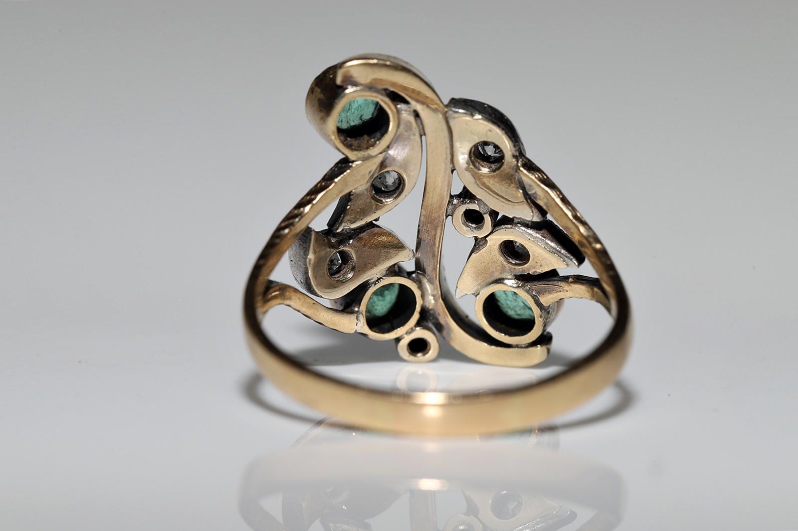 Art Nouveau Circa 1900s 18k Gold Top Silver Natural Diamond And Emerald Ring For Sale 9