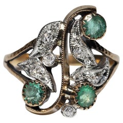 Antique Art Nouveau Circa 1900s 18k Gold Top Silver Natural Diamond And Emerald Ring