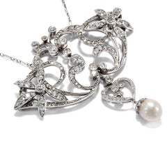 Art Nouveau circa 1905, 5.7 Carat Diamond and Pearl Edwardian Pendant Necklace