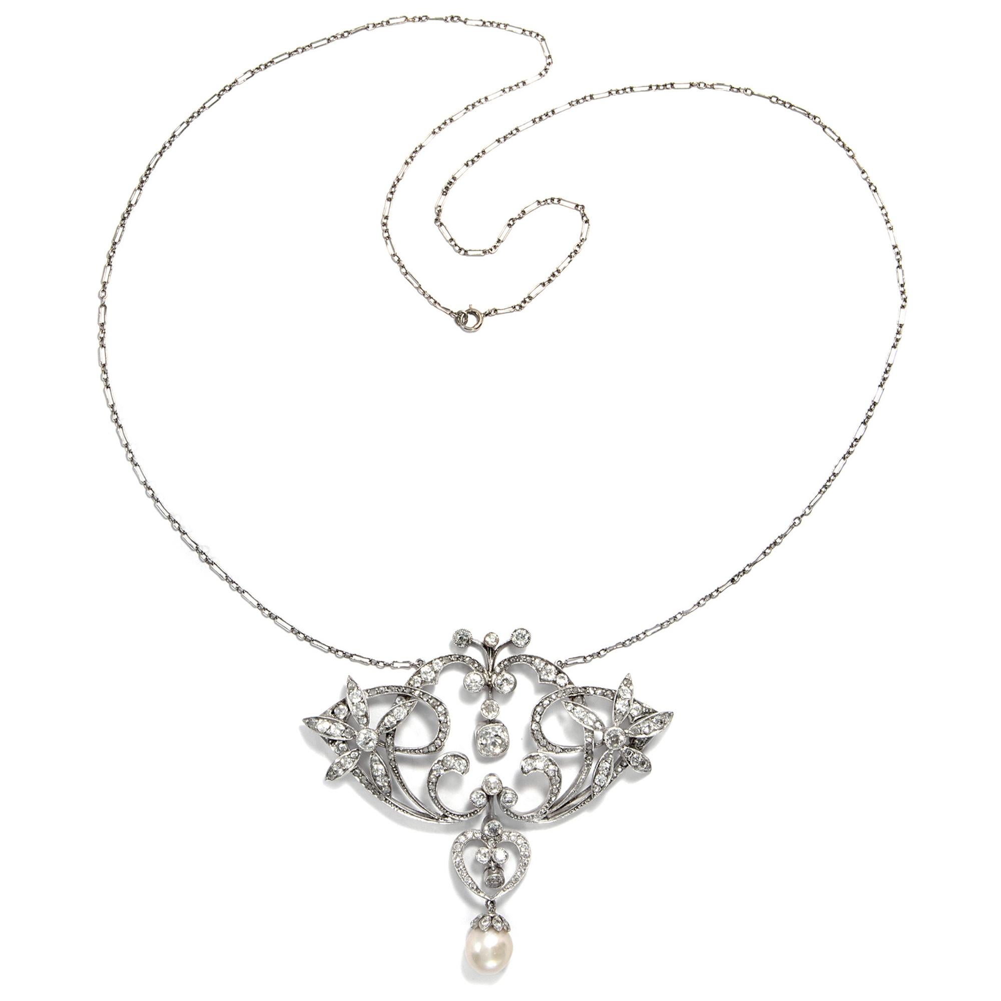 Women's or Men's Art Nouveau circa 1905, 5.7 Carat Diamond and Pearl Edwardian Pendant Necklace For Sale