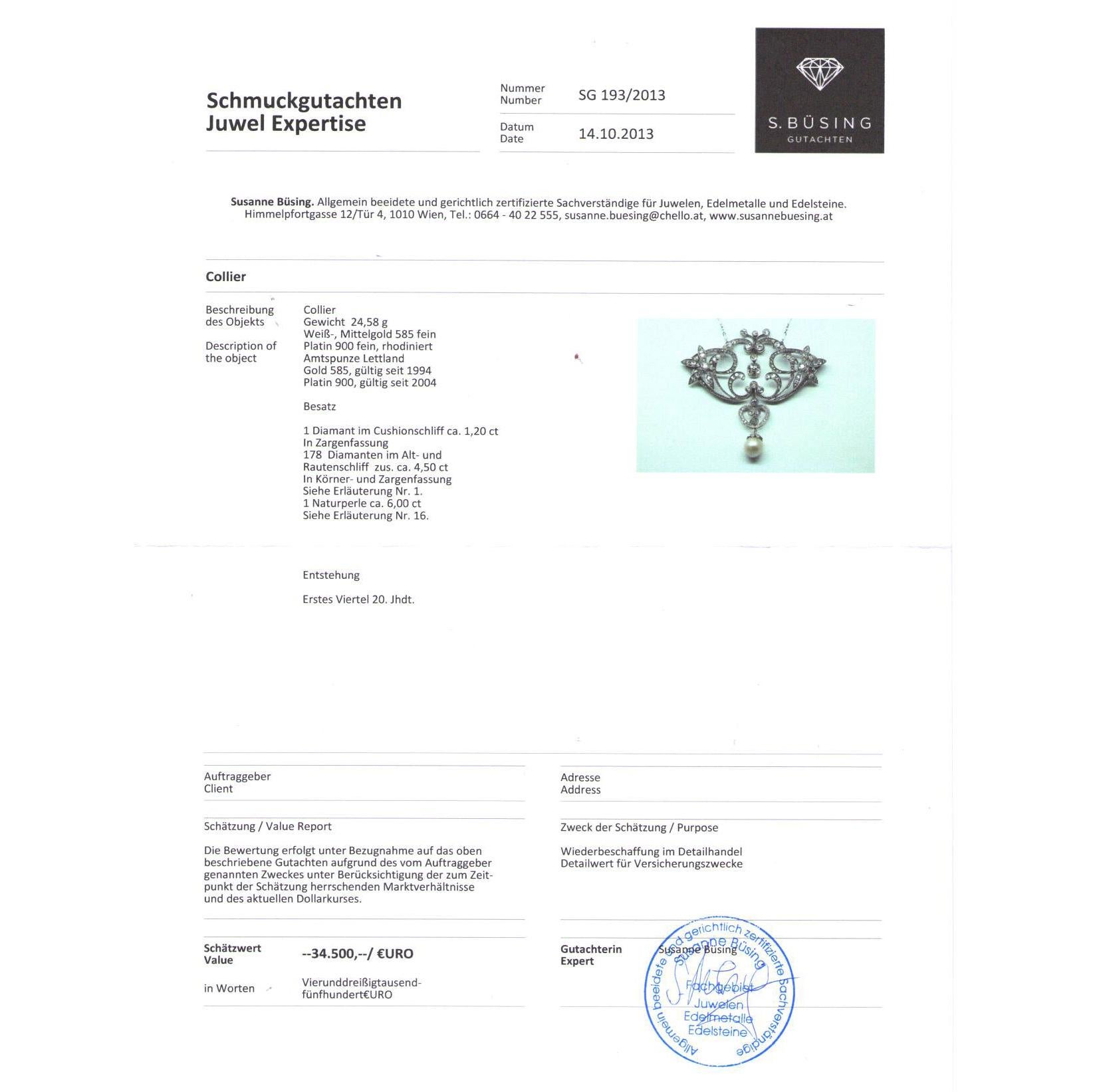 Art Nouveau circa 1905, 5.7 Carat Diamond and Pearl Edwardian Pendant Necklace For Sale 1