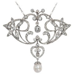 Art Nouveau circa 1905, 5.7 Carat Diamond and Pearl Edwardian Pendant Necklace