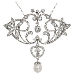 Art Nouveau circa 1905, 5.7 Carat Diamond and Pearl Edwardian Pendant Necklace