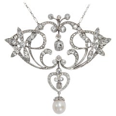 Antique Art Nouveau circa 1905, 5.7 Carat Diamond and Pearl Edwardian Pendant Necklace