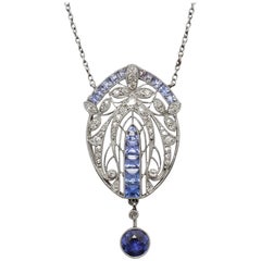 Art Nouveau circa 1910 Sapphire Diamond Millegrain Pendant Necklace