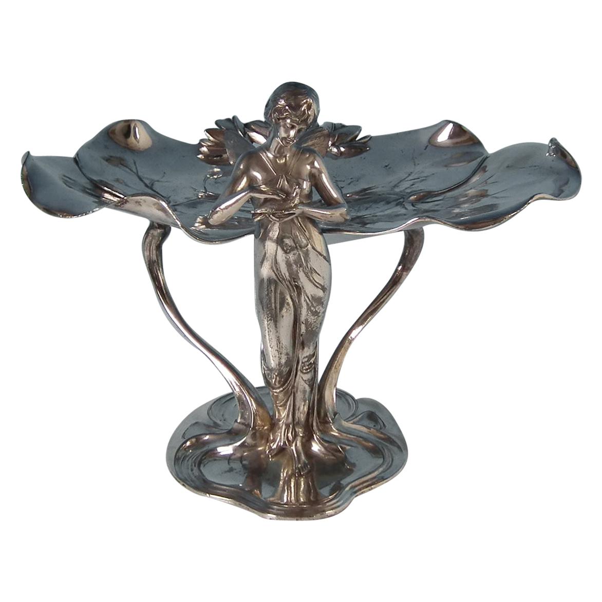 Art Nouveau circa 1910 WMF Plated Metal Fairy with Dove, Lily Visiting Card Tray