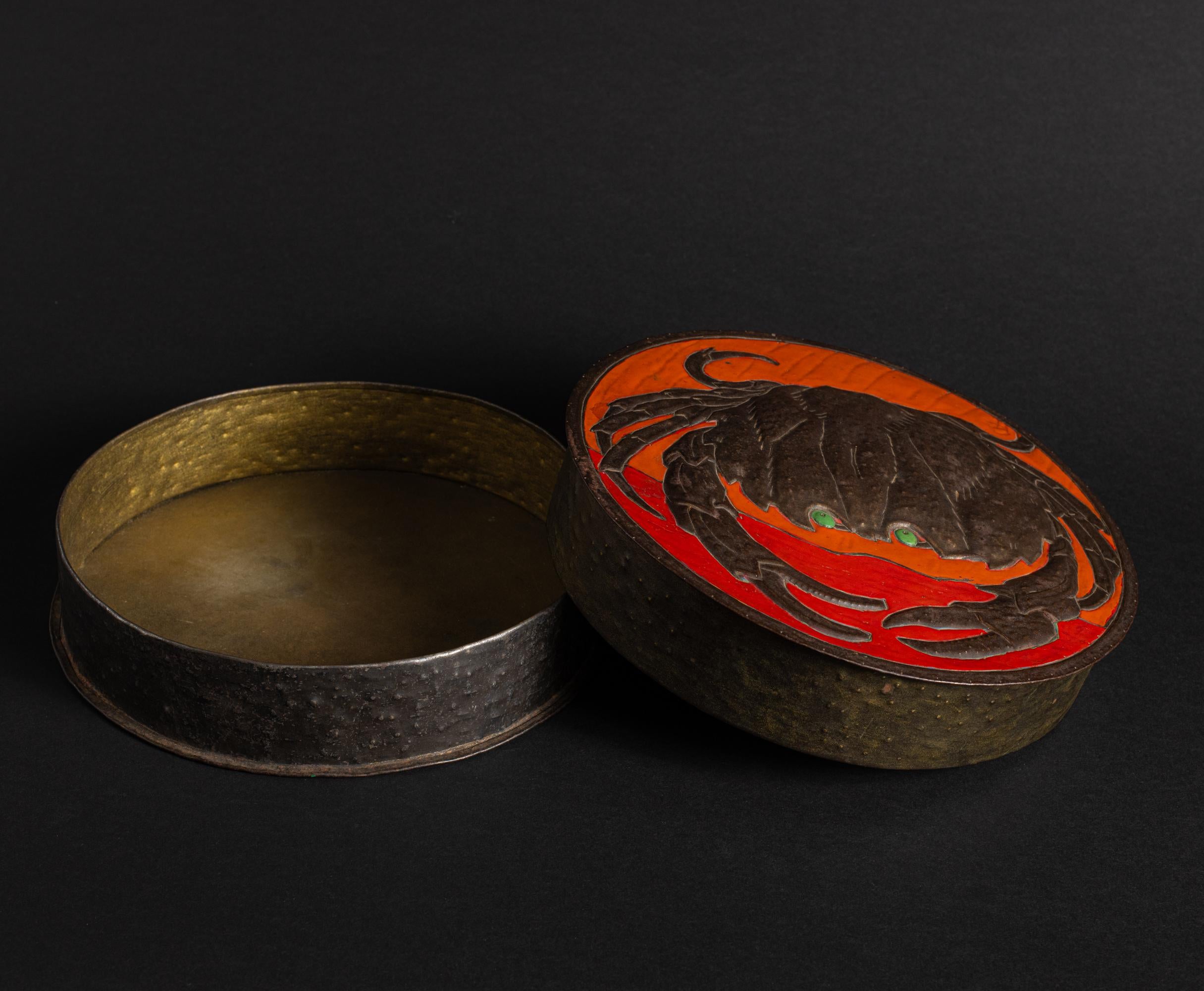 Early 20th Century Art Nouveau Circular Repoussé Box with Crab by Alfred Daguet For Sale