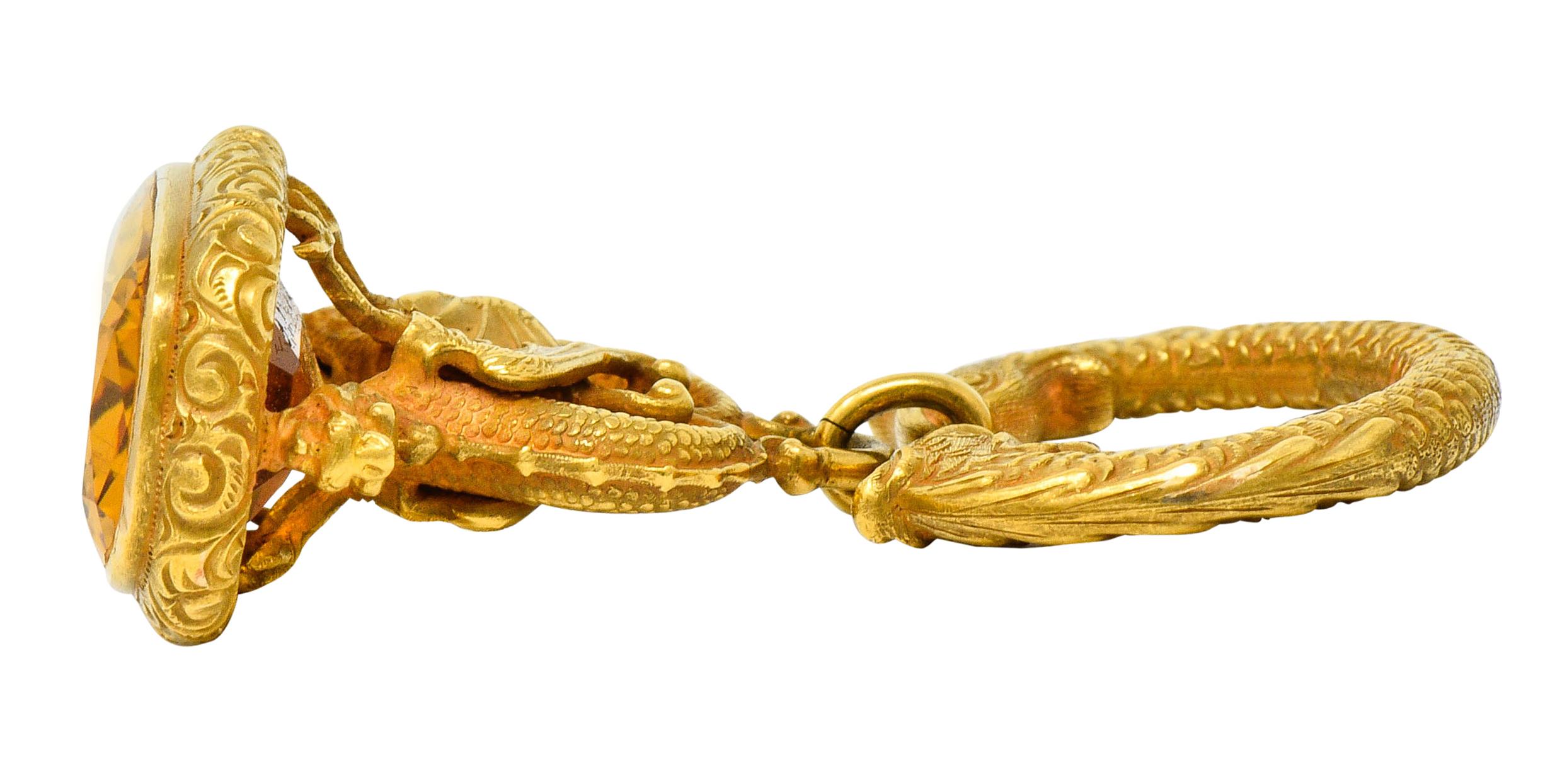 Art Nouveau Citrine 14 Karat Yellow Gold Sea Serpent Dragon Fob Pendant 6