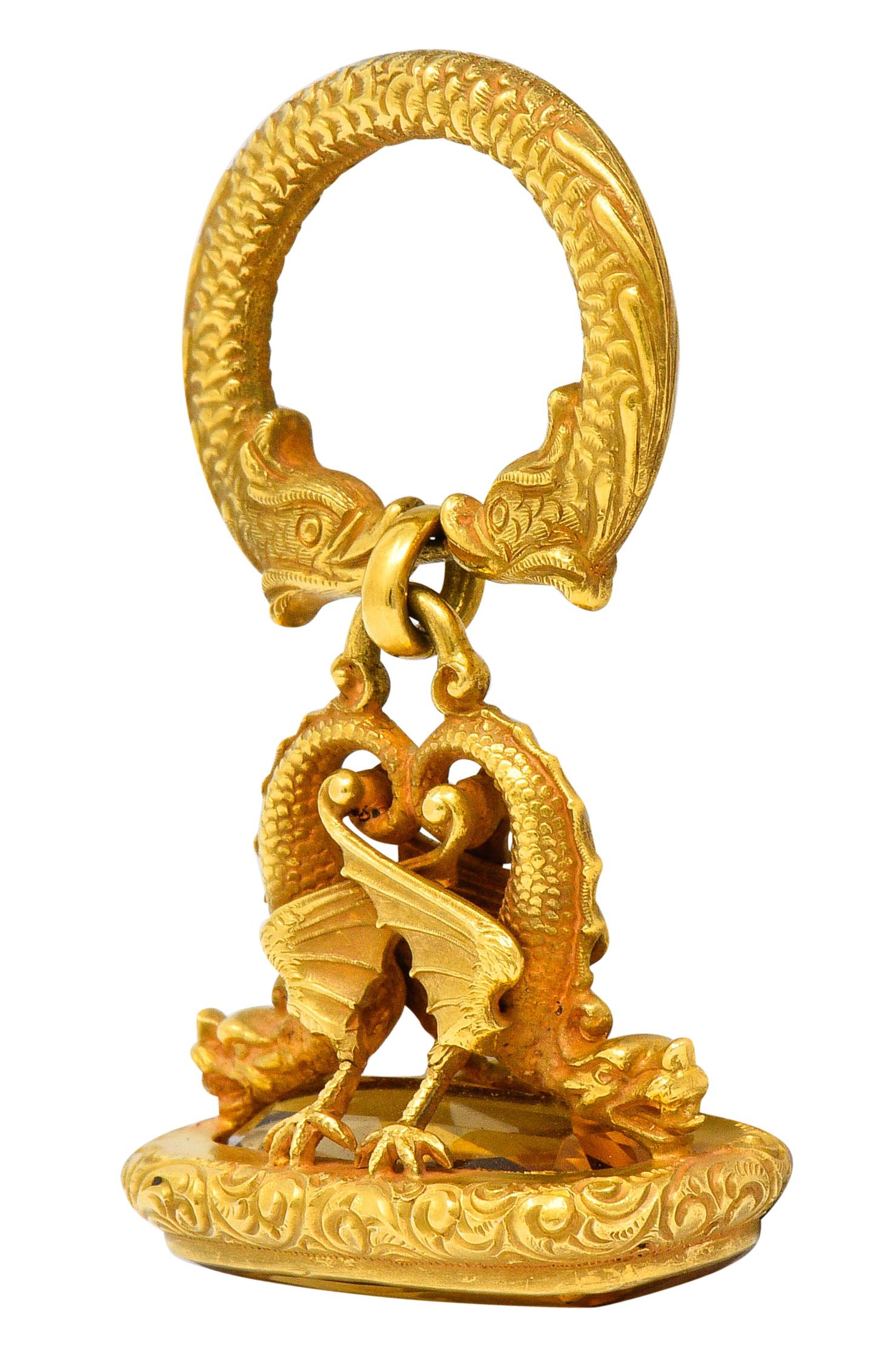Cushion Cut Art Nouveau Citrine 14 Karat Yellow Gold Sea Serpent Dragon Fob Pendant