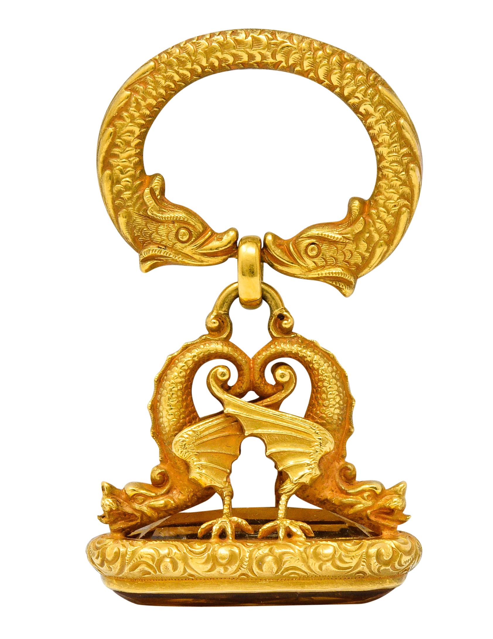 Art Nouveau Citrine 14 Karat Yellow Gold Sea Serpent Dragon Fob Pendant In Excellent Condition In Philadelphia, PA