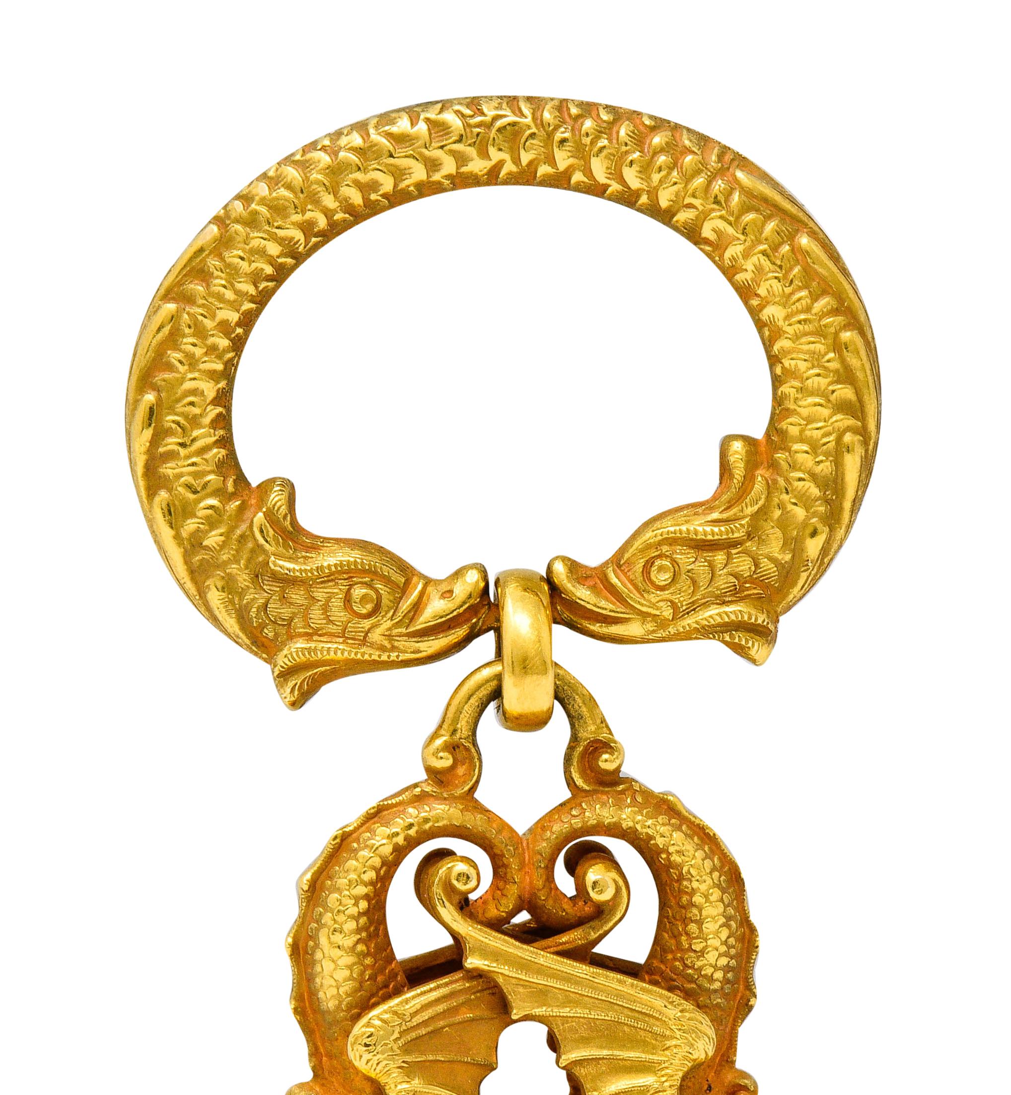 Women's or Men's Art Nouveau Citrine 14 Karat Yellow Gold Sea Serpent Dragon Fob Pendant