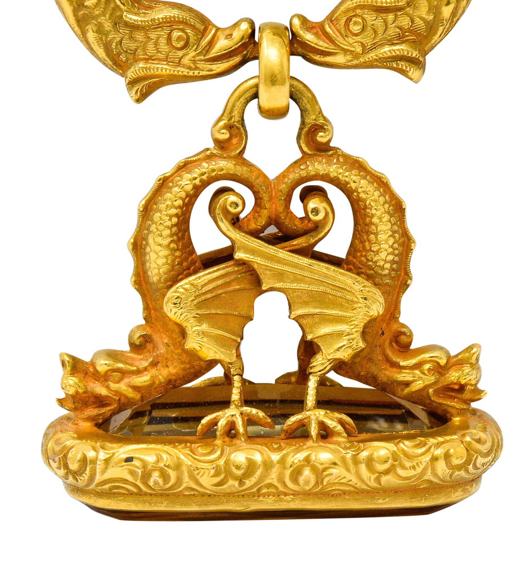 Art Nouveau Citrine 14 Karat Yellow Gold Sea Serpent Dragon Fob Pendant 1