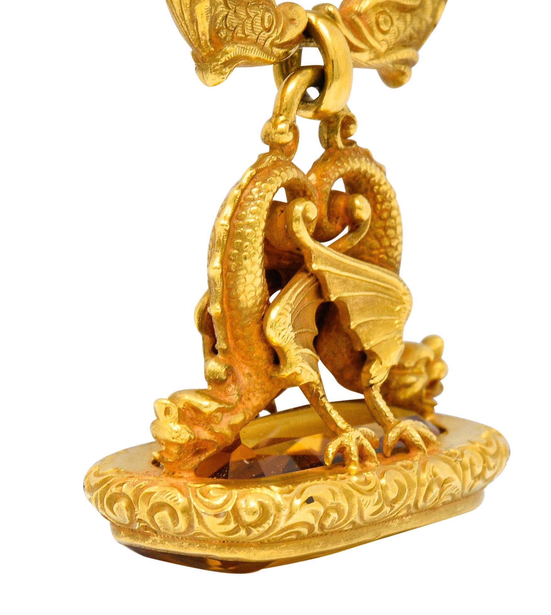 Art Nouveau Citrine 14 Karat Yellow Gold Sea Serpent Dragon Fob Pendant 2
