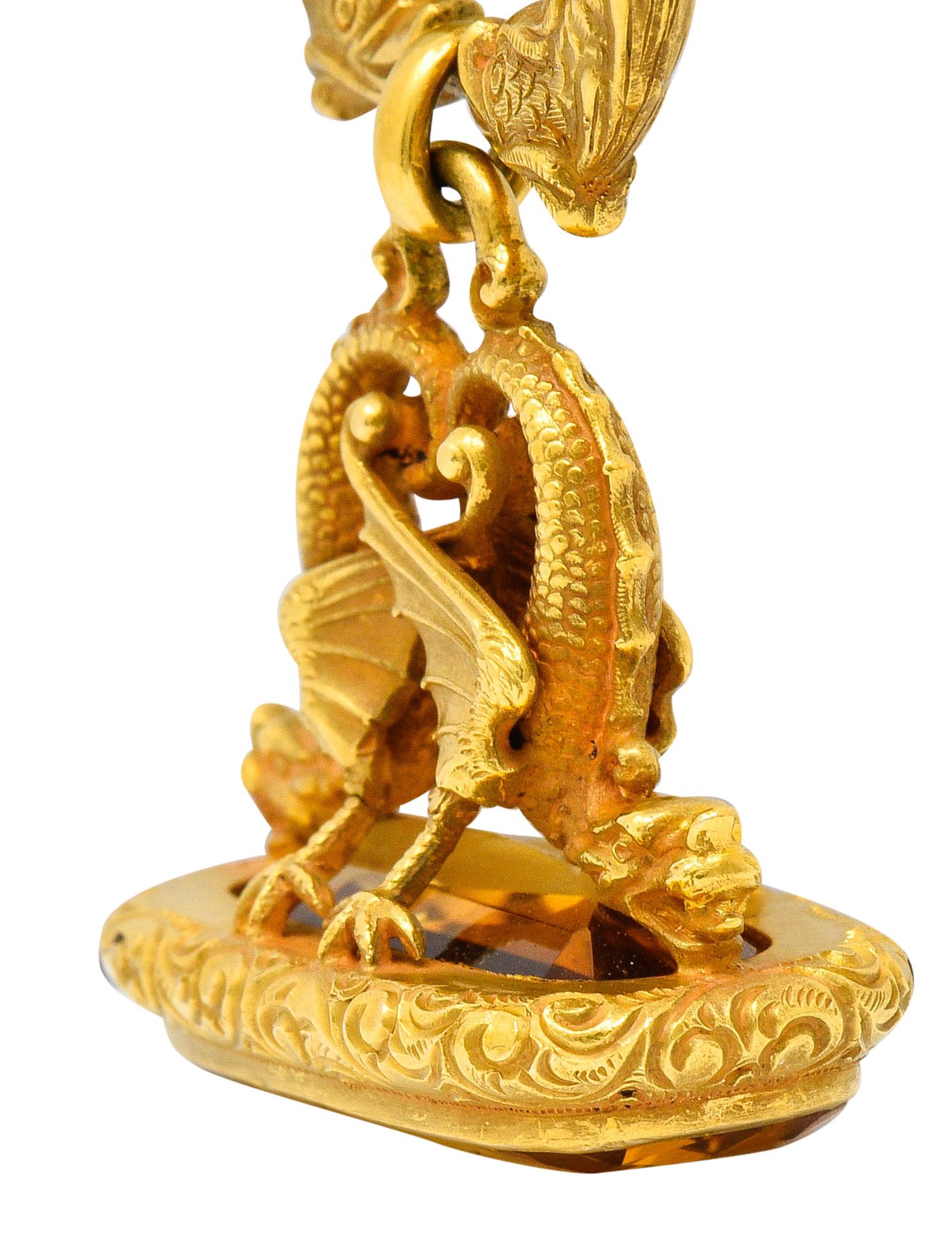 Art Nouveau Citrine 14 Karat Yellow Gold Sea Serpent Dragon Fob Pendant 3