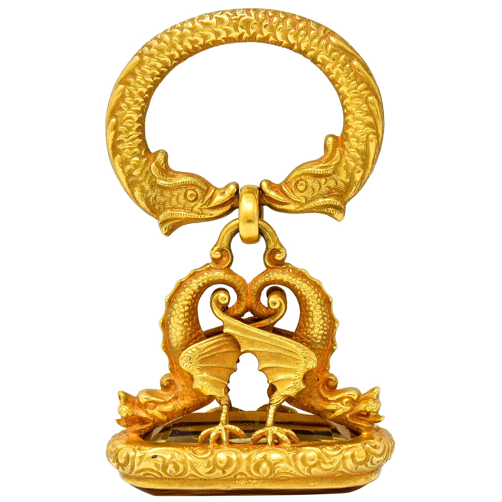 Art Nouveau Citrine 14 Karat Yellow Gold Sea Serpent Dragon Fob Pendant