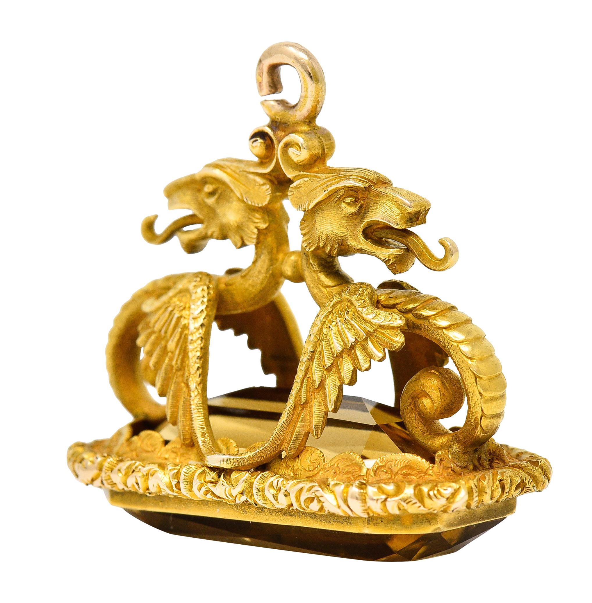 Art Nouveau Citrine 18 Karat Yellow Gold Serpent Dragon Fob Pendant Charm For Sale 3