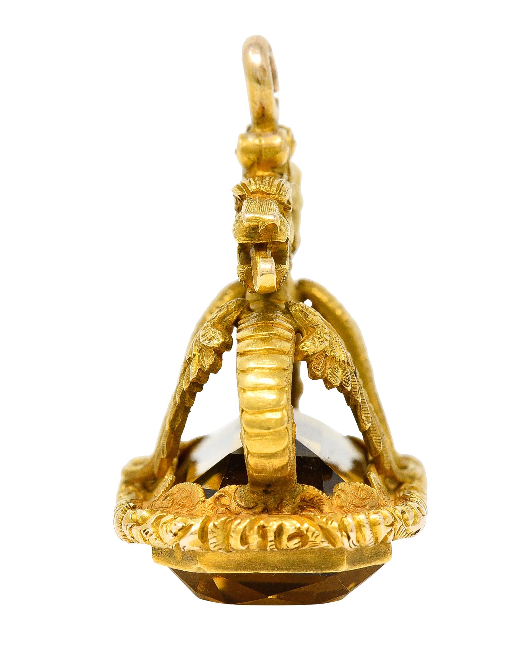 Jugendstil Citrin 18 Karat Gelbgold Schlangendrachen-Anhänger Charme (Smaragdschliff)
