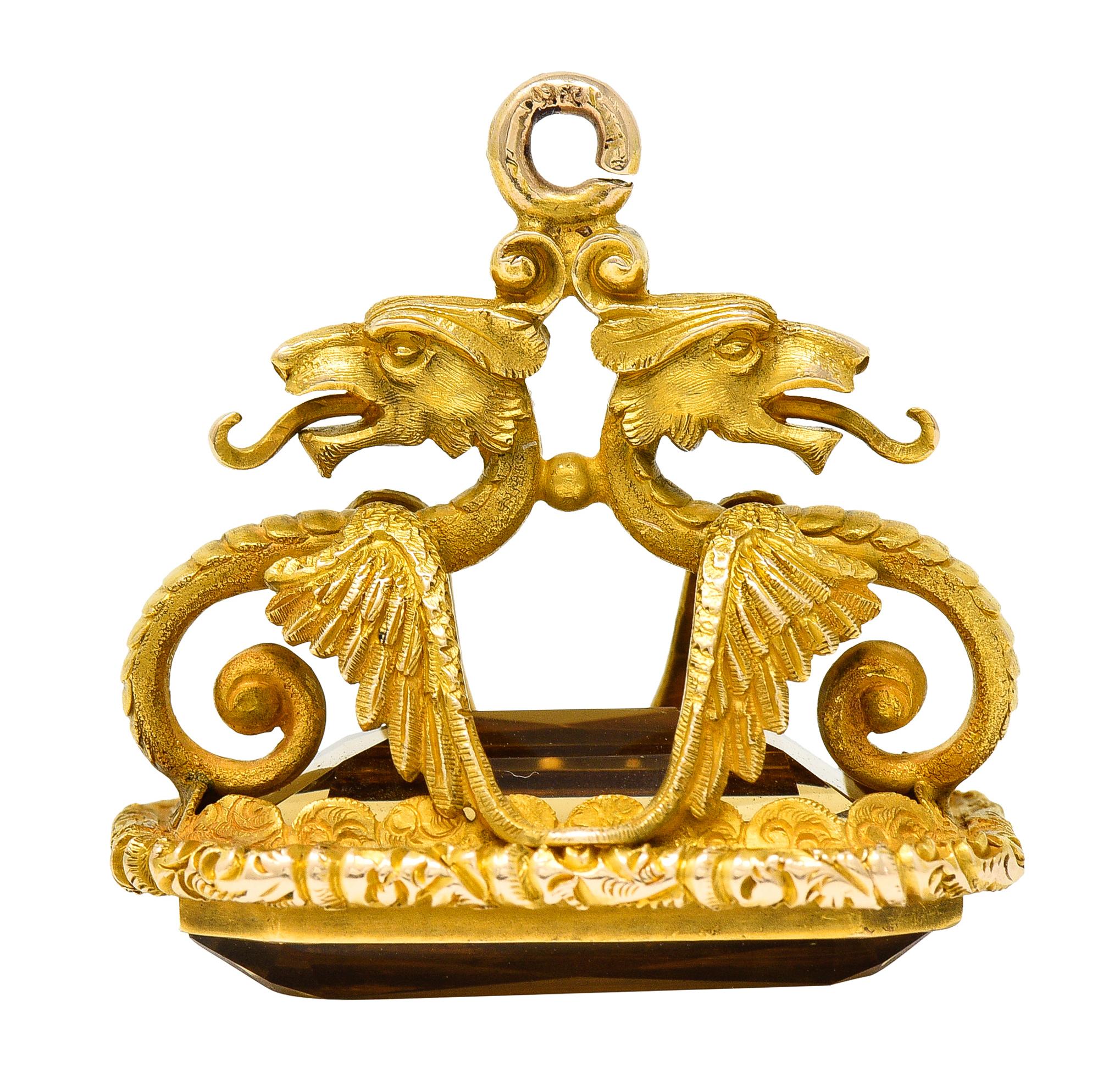 Emerald Cut Art Nouveau Citrine 18 Karat Yellow Gold Serpent Dragon Fob Pendant Charm For Sale