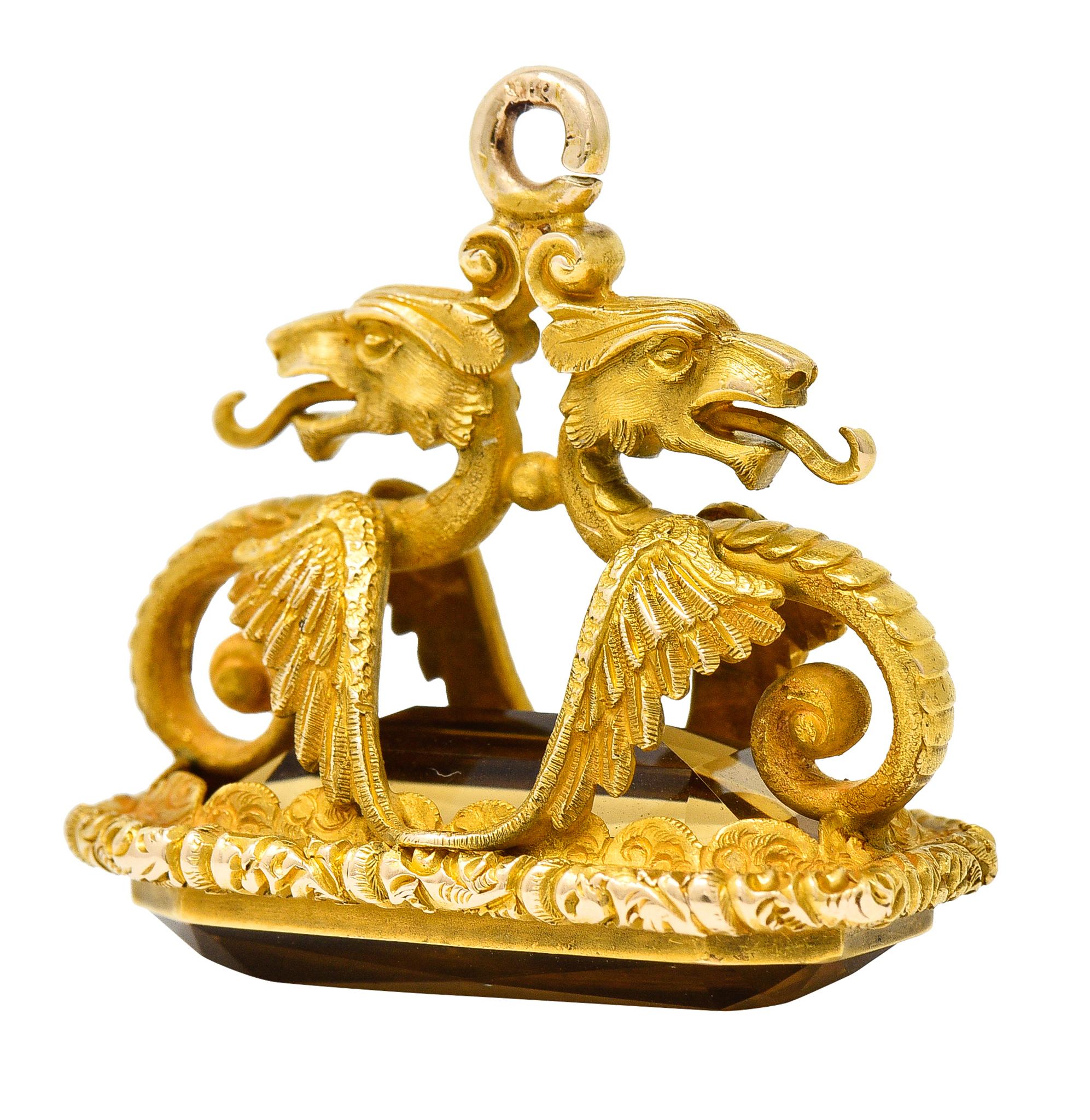 Art Nouveau Citrine 18 Karat Yellow Gold Serpent Dragon Fob Pendant Charm In Excellent Condition For Sale In Philadelphia, PA