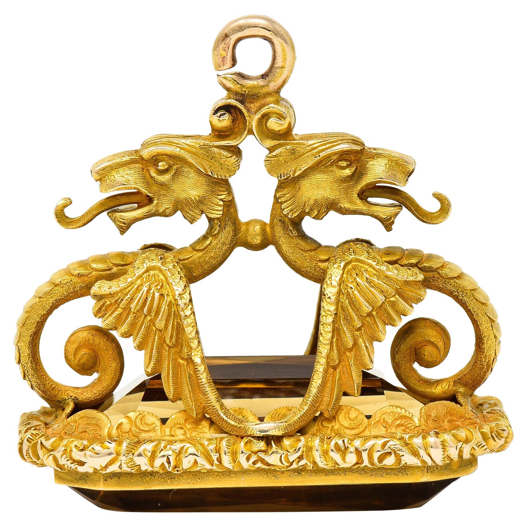 Art Nouveau Citrine 18 Karat Yellow Gold Serpent Dragon Fob Pendant Charm For Sale