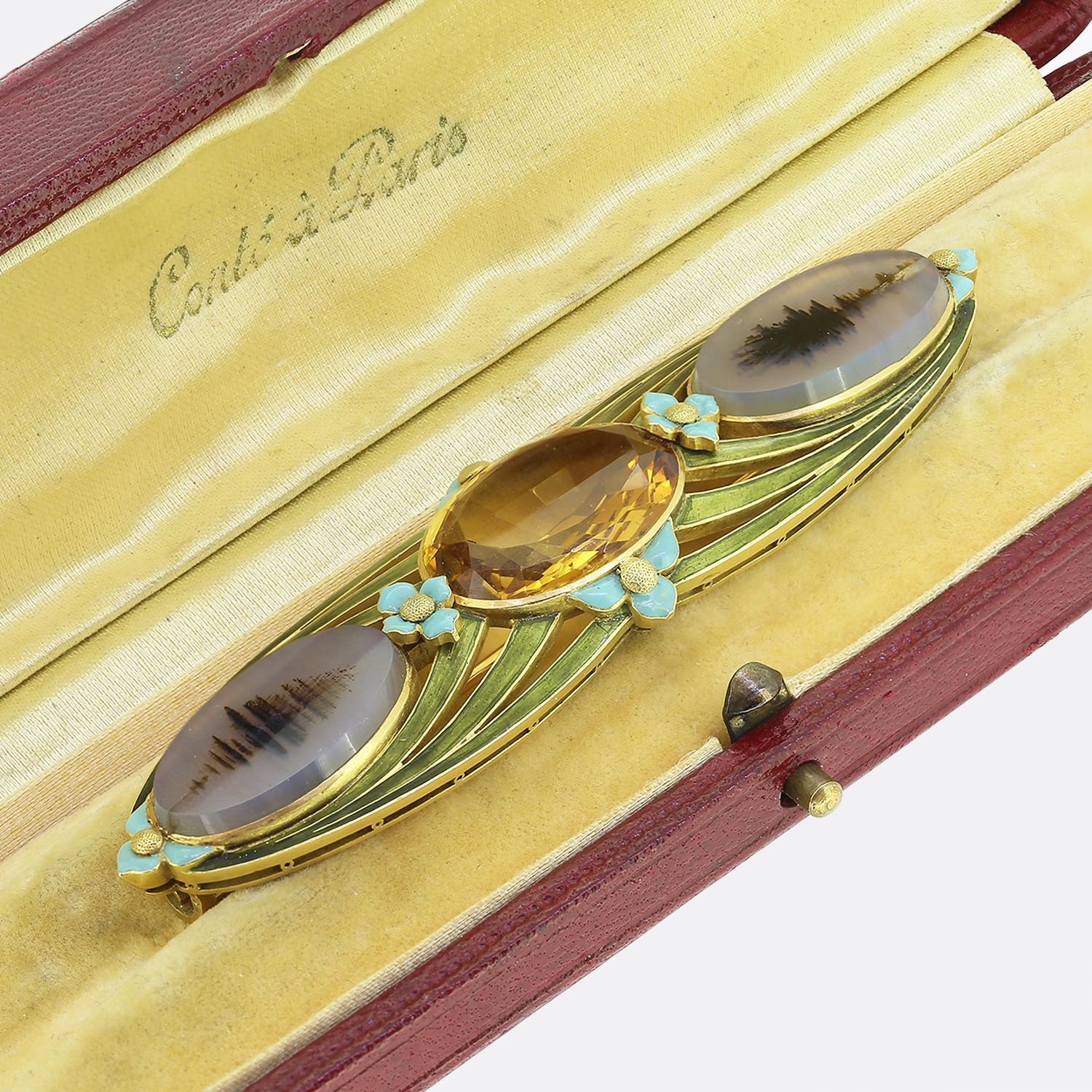 Jugendstil-Brosche aus Citrin-Achat und Emaille im Zustand „Gut“ im Angebot in London, GB