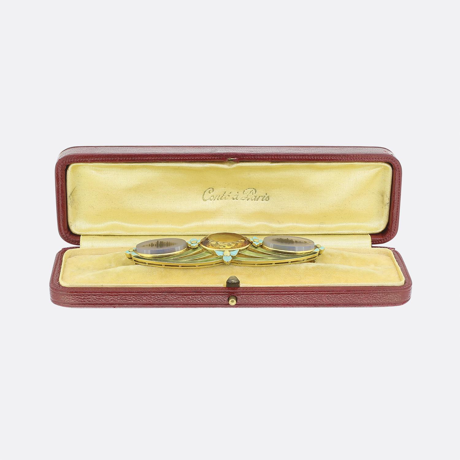 Jugendstil-Brosche aus Citrin-Achat und Emaille für Damen oder Herren im Angebot