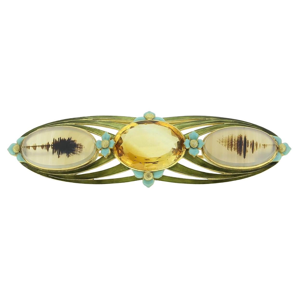 Jugendstil-Brosche aus Citrin-Achat und Emaille