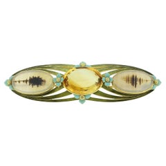 Art Nouveau Citrine Agate and Enamel Brooch