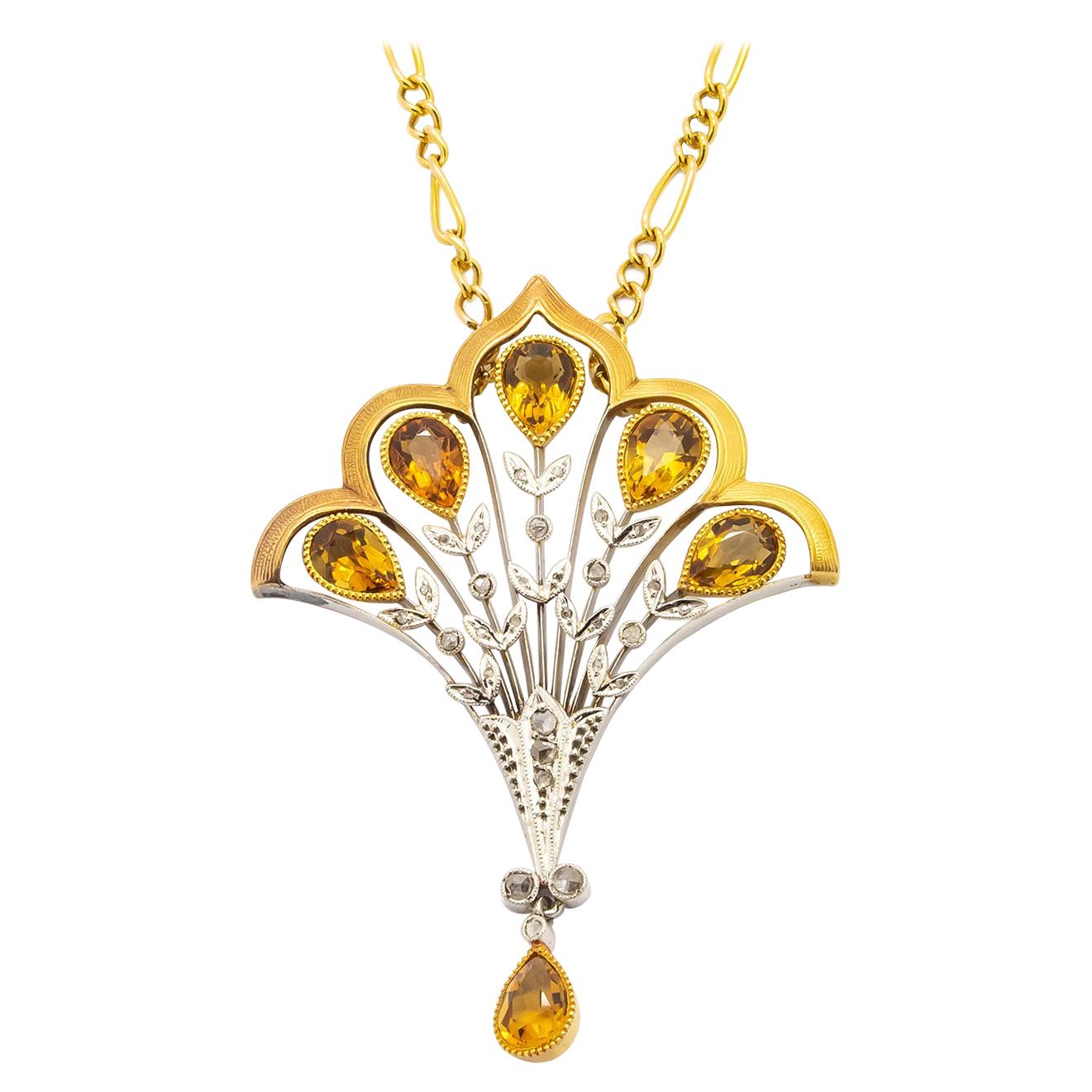 Art Nouveau Citrine and Diamond Necklace at 1stDibs