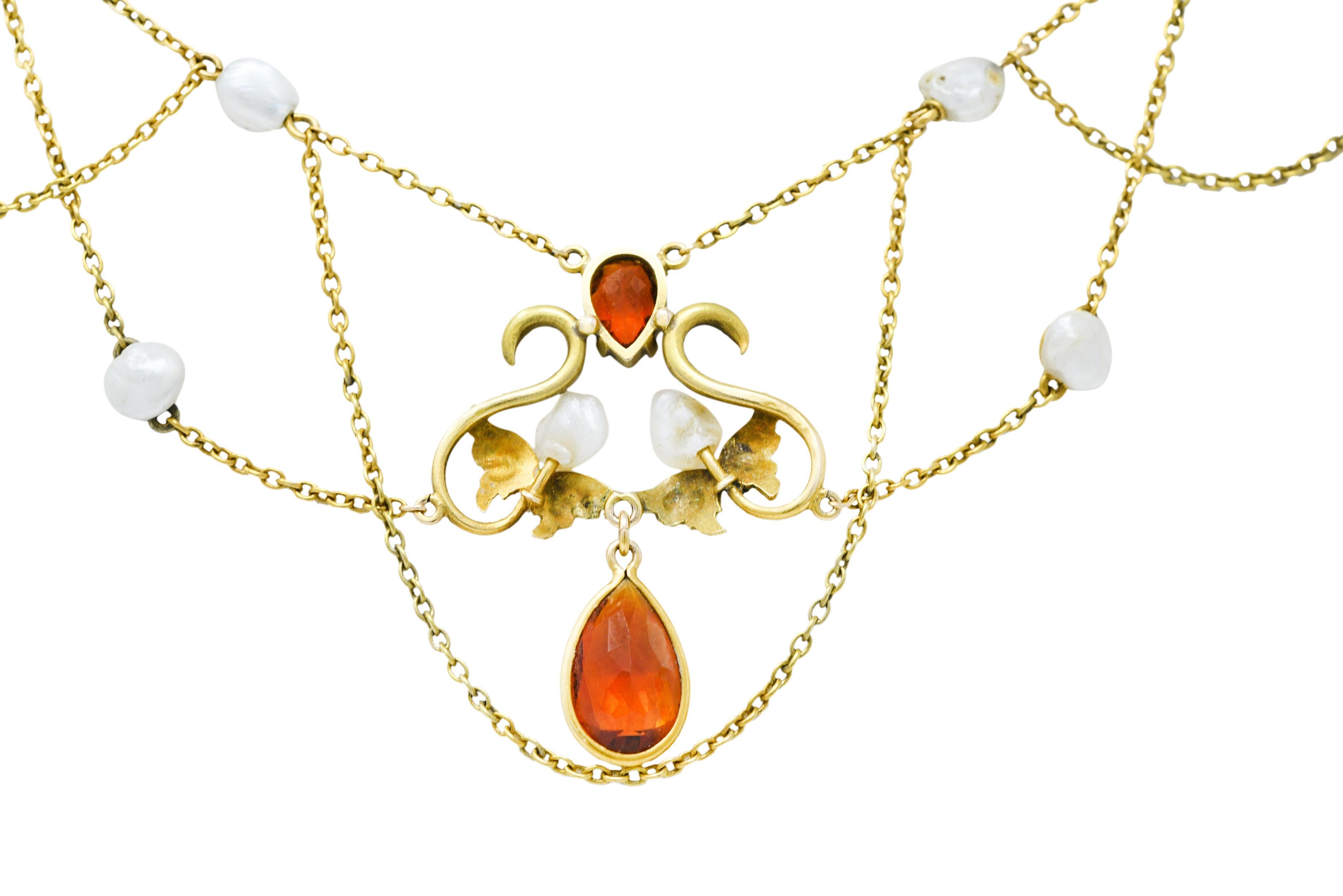 Art Nouveau Citrine Baroque Pearl 14 Karat Gold Swag Necklace 5