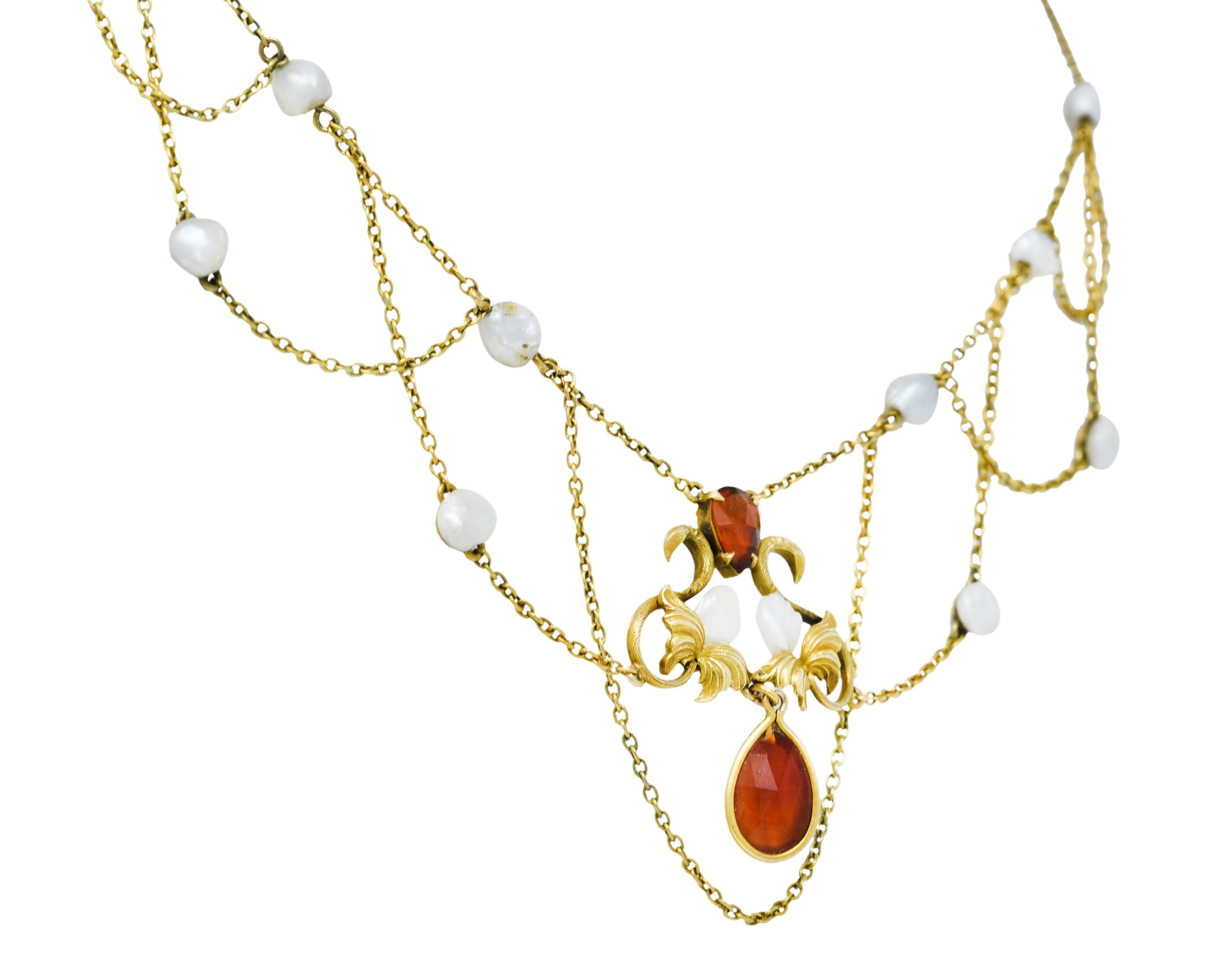 Pear Cut Art Nouveau Citrine Baroque Pearl 14 Karat Gold Swag Necklace