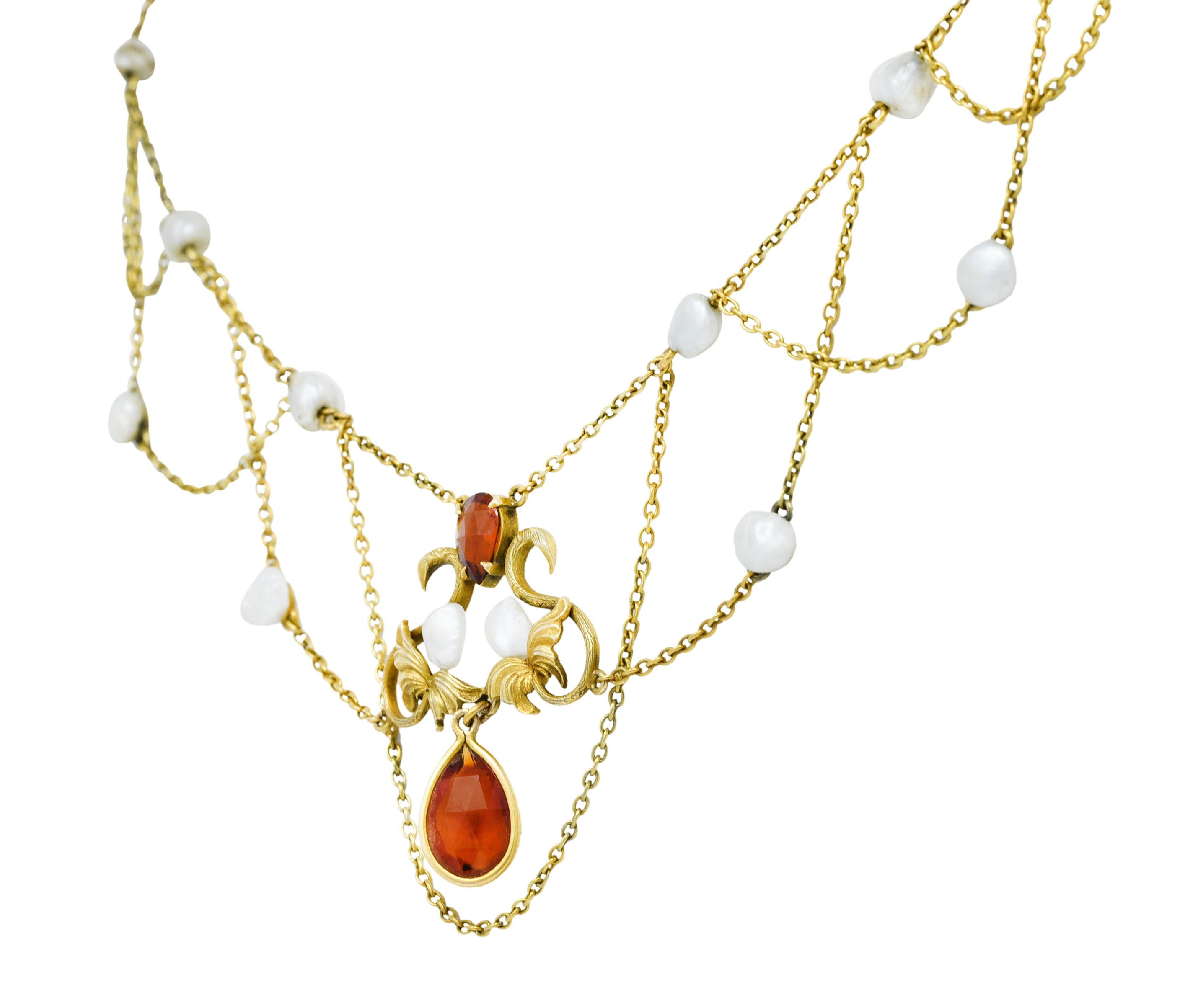 Art Nouveau Citrine Baroque Pearl 14 Karat Gold Swag Necklace In Excellent Condition In Philadelphia, PA