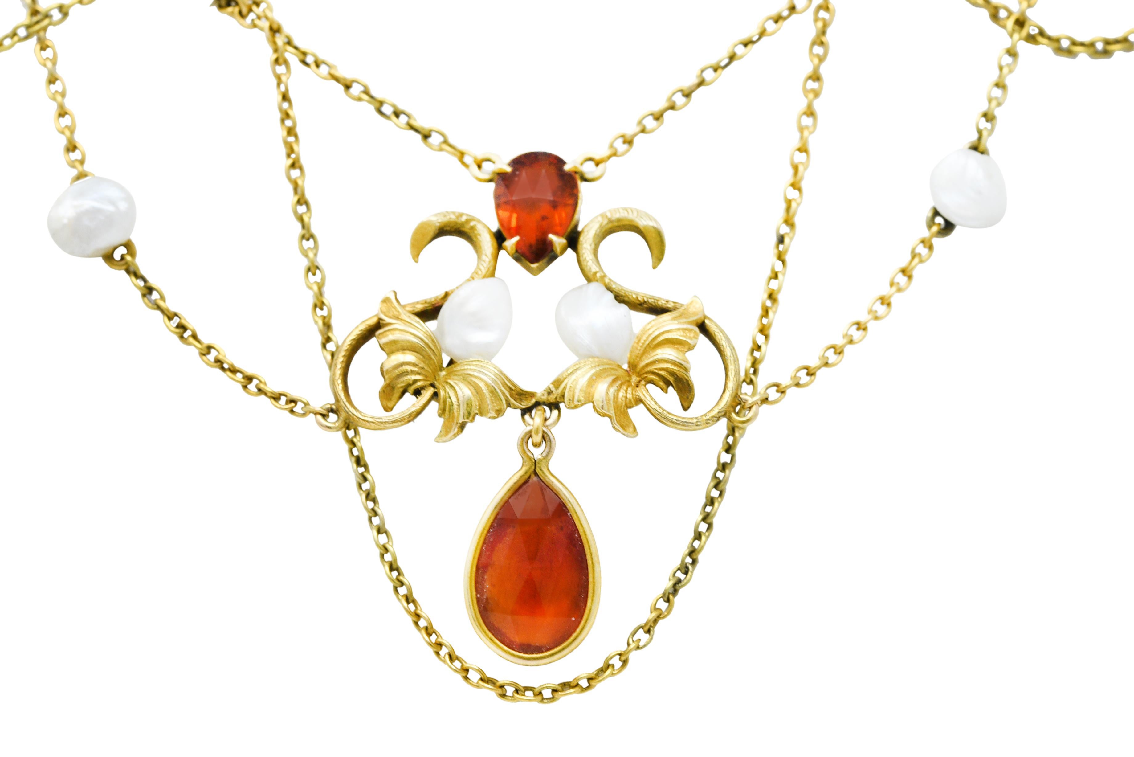 Art Nouveau Citrine Baroque Pearl 14 Karat Gold Swag Necklace 3