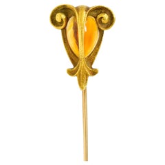 Art Nouveau Citrine Cabochon 18 Karat Gold Hellenistic Stickpin