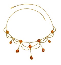 Art Nouveau Citrine Pearl 14 Karat Gold Swag Station Necklace