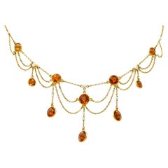 Art Nouveau Citrine Pearl 14 Karat Gold Swag Station Necklace