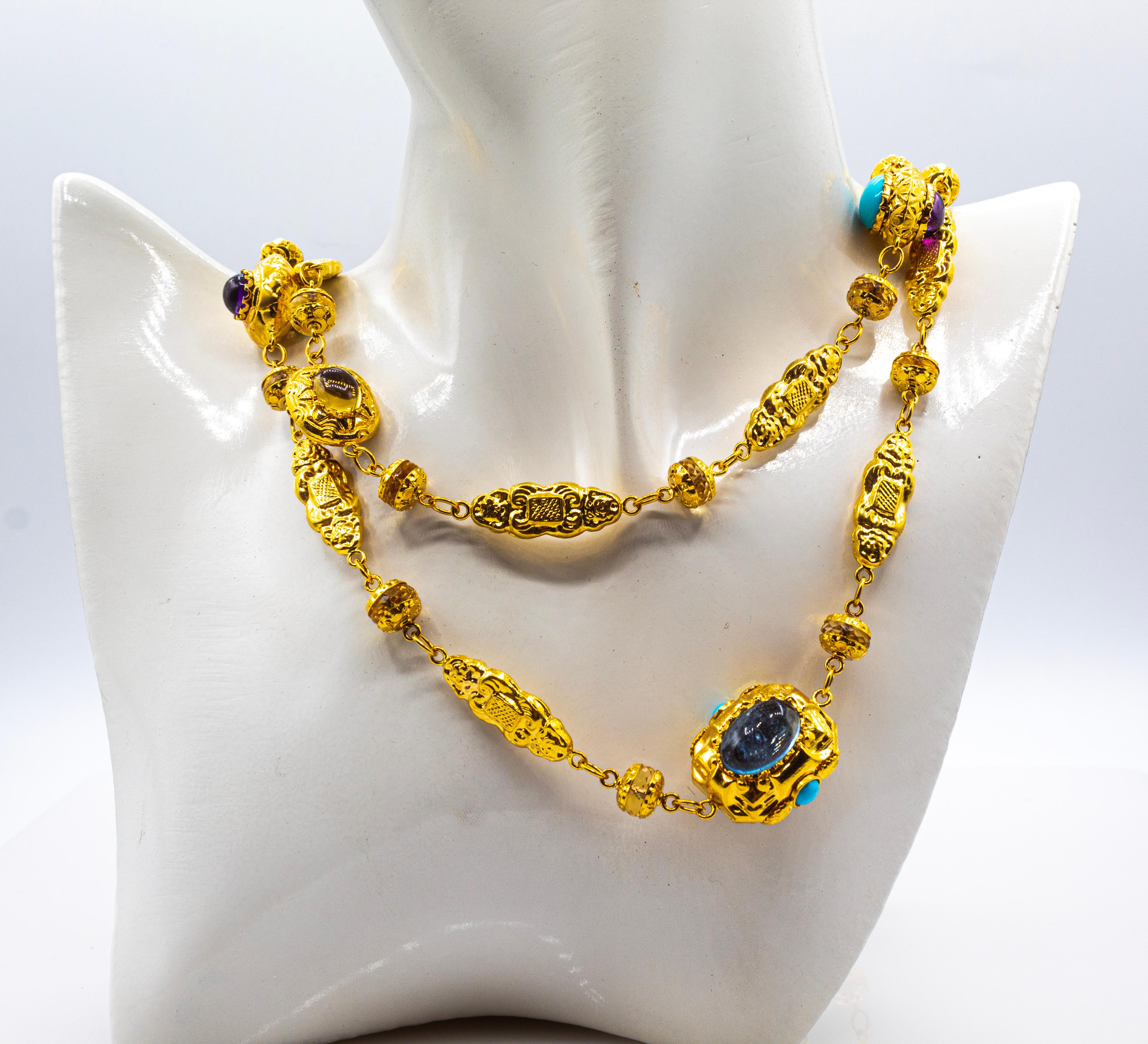 Art Nouveau Citrine Turquoise Tourmaline Chrysoprase Yellow Gold Drop Necklace For Sale 4