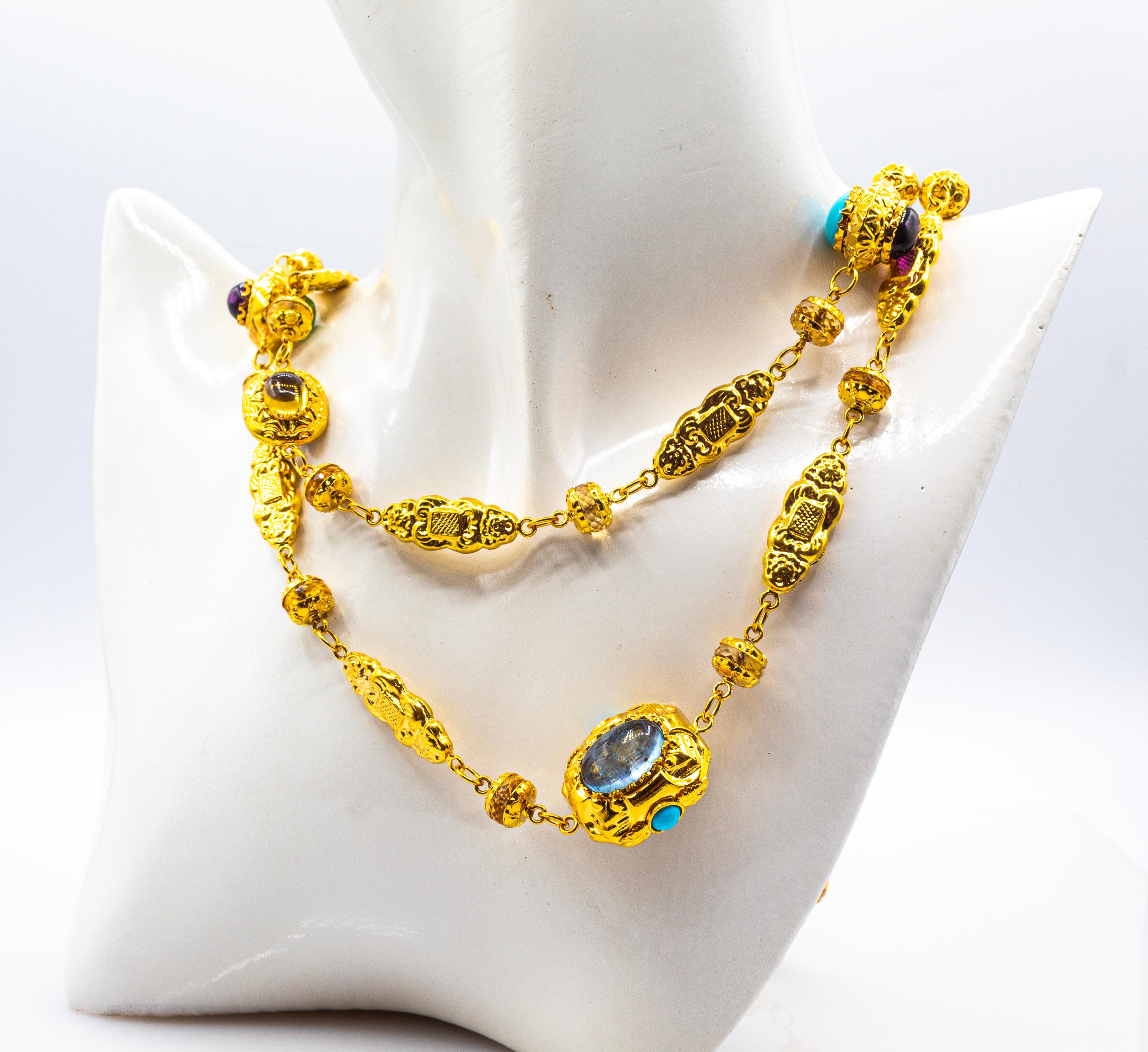 Art Nouveau Citrine Turquoise Tourmaline Chrysoprase Yellow Gold Drop Necklace For Sale 5