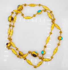 Art Nouveau Citrine Turquoise Tourmaline Chrysoprase Yellow Gold Drop Necklace