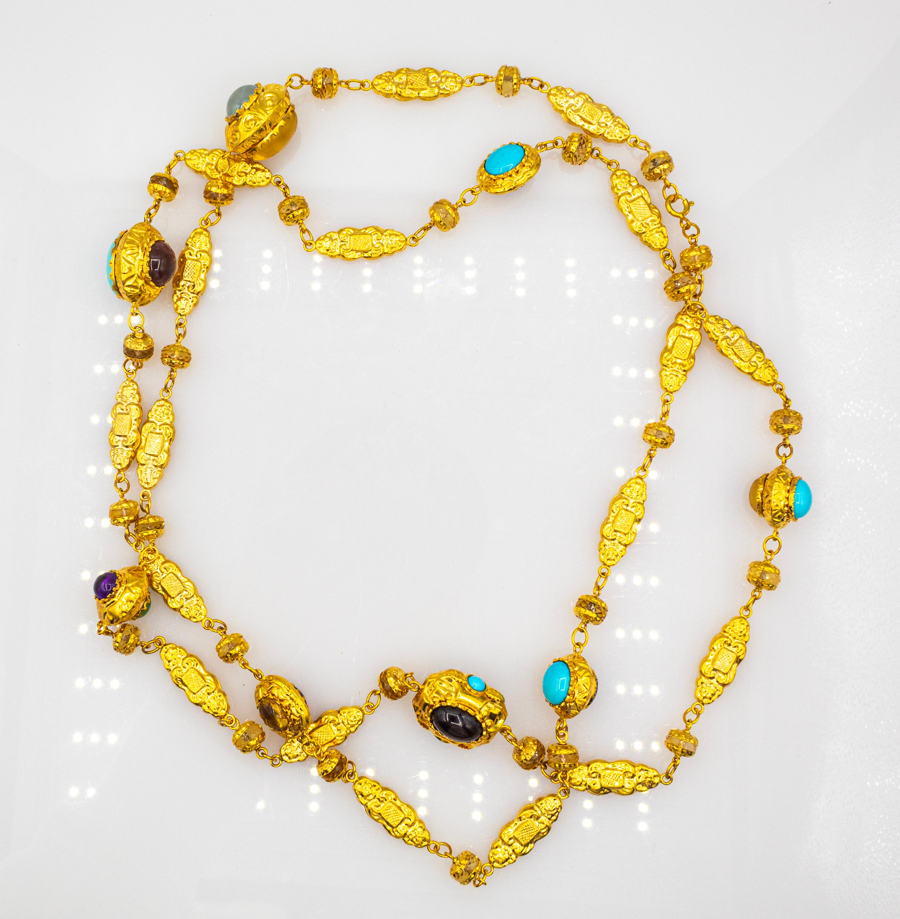 Art Deco Art Nouveau Citrine Turquoise Tourmaline Chrysoprase Yellow Gold Drop Necklace For Sale