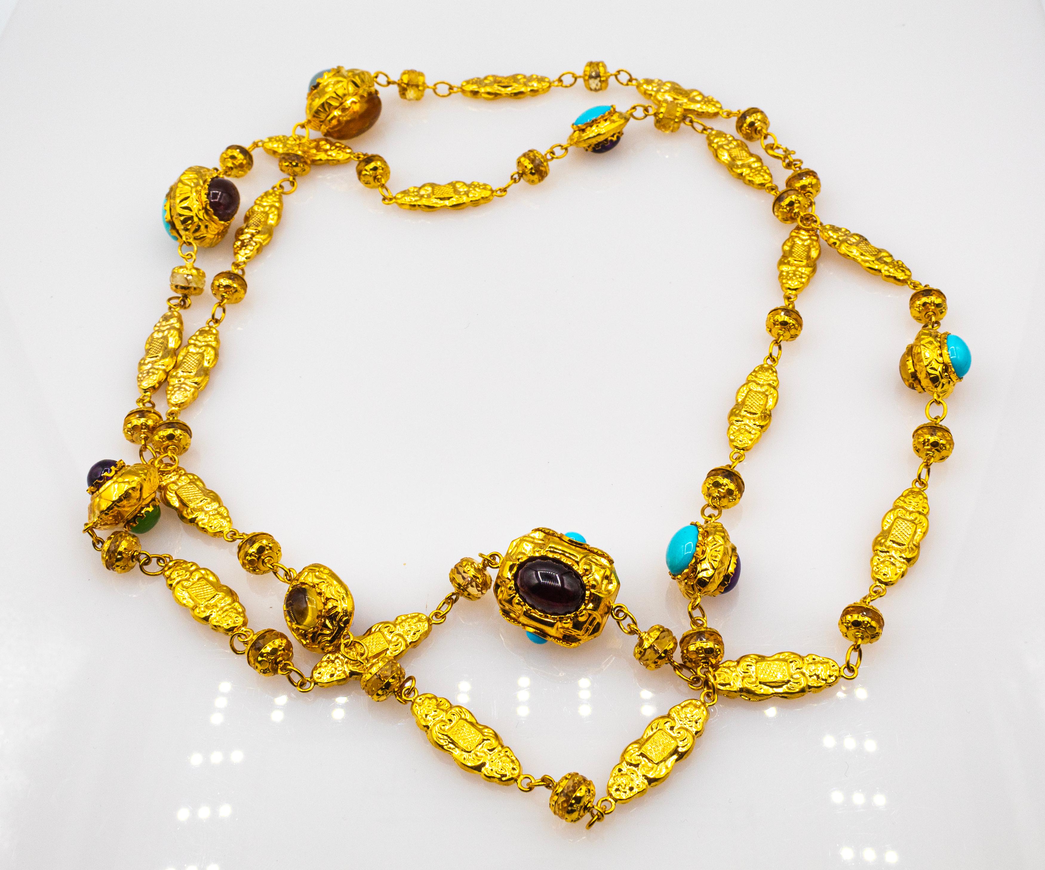 Cabochon Art Nouveau Citrine Turquoise Tourmaline Chrysoprase Yellow Gold Drop Necklace For Sale