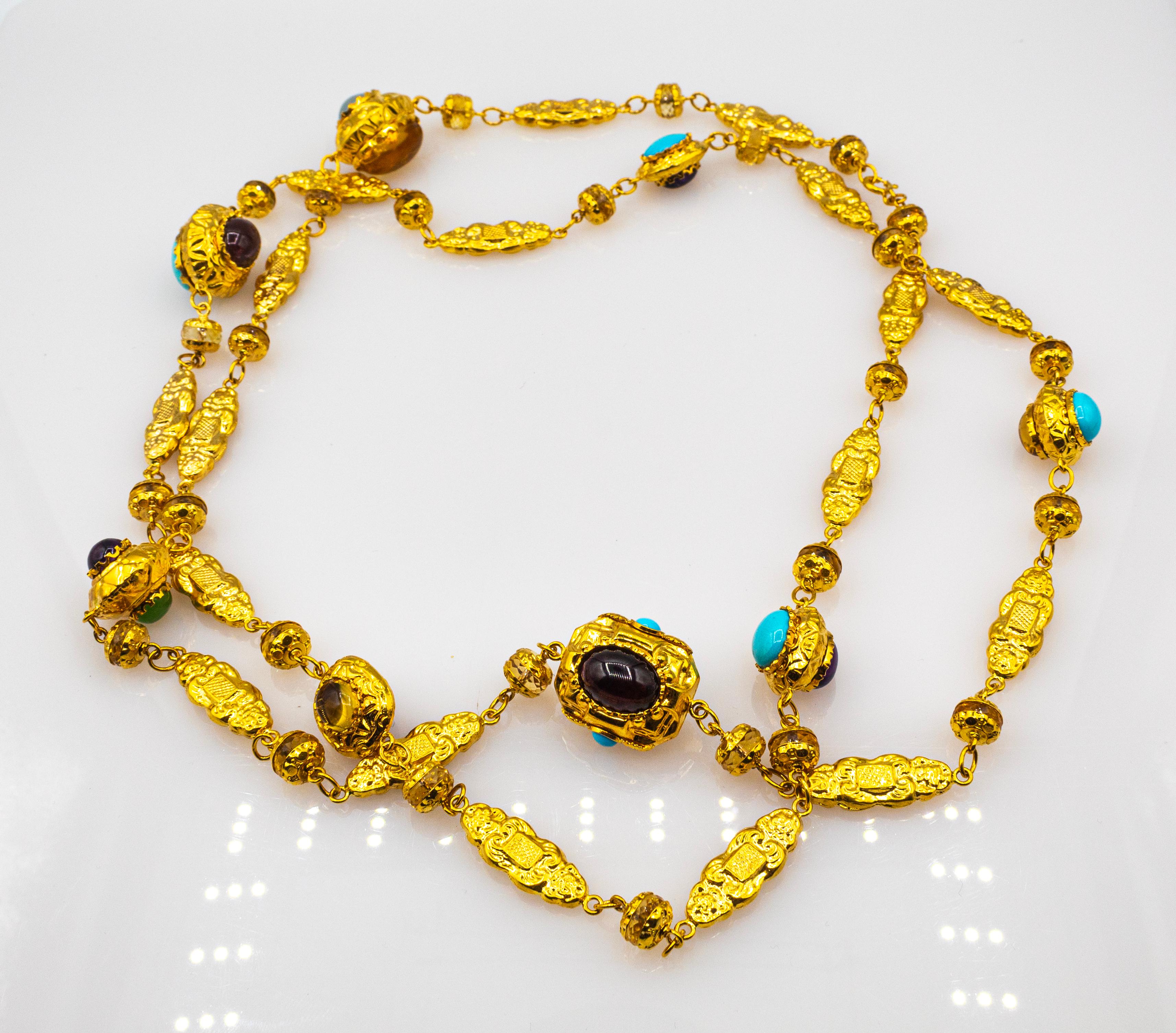 Art Nouveau Citrine Turquoise Tourmaline Chrysoprase Yellow Gold Drop Necklace In New Condition For Sale In Naples, IT
