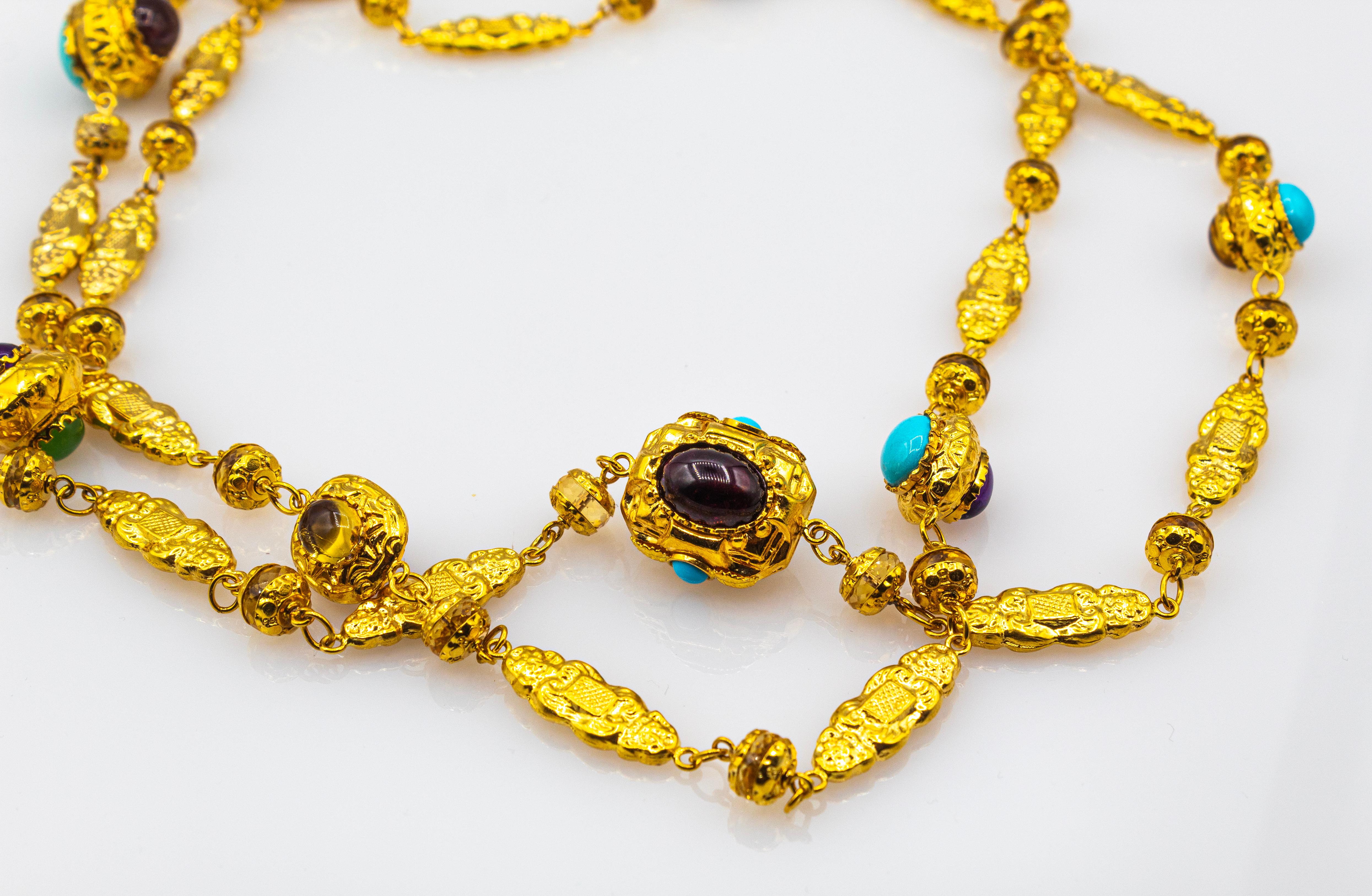 Women's or Men's Art Nouveau Citrine Turquoise Tourmaline Chrysoprase Yellow Gold Drop Necklace For Sale