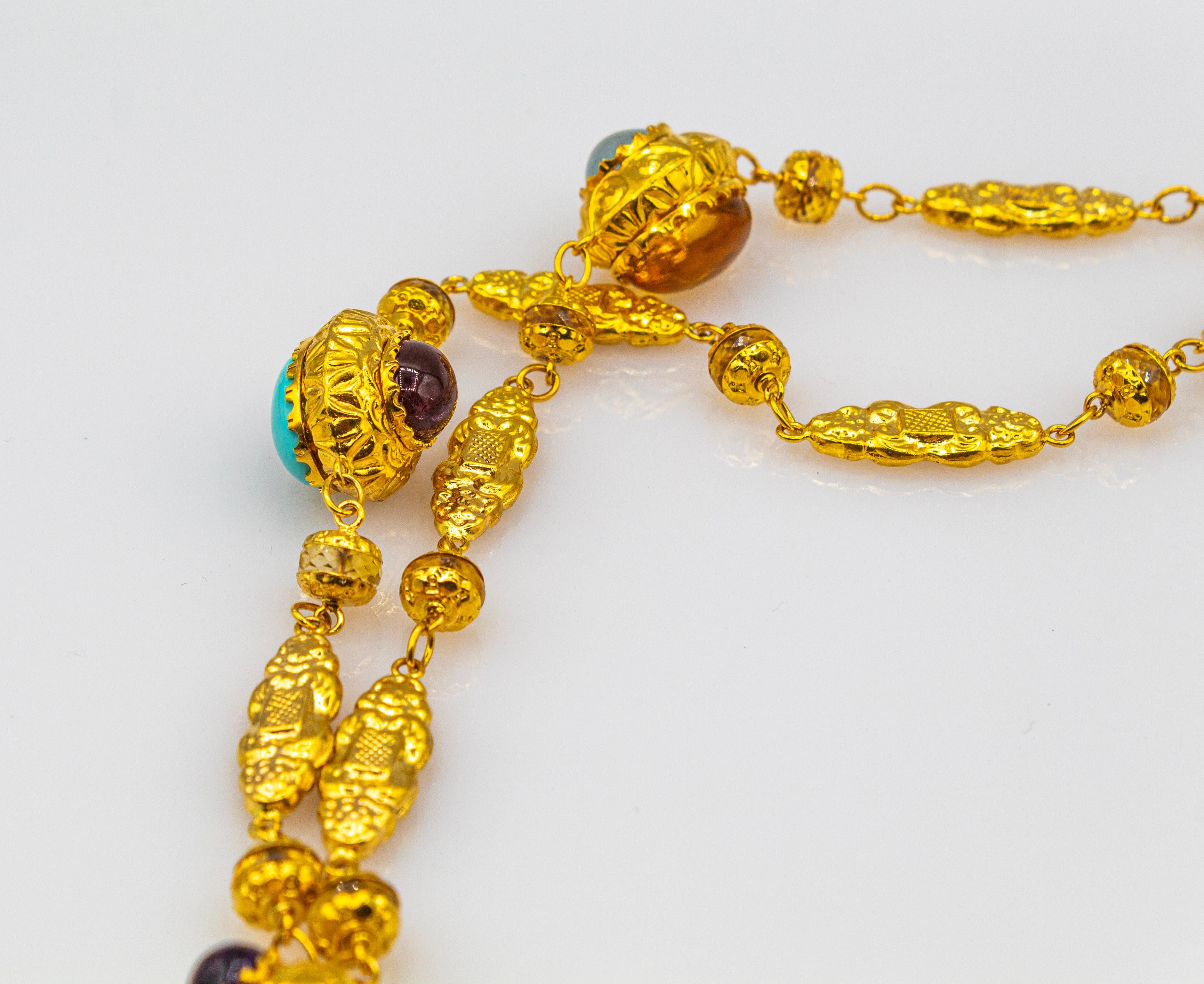 Art Nouveau Citrine Turquoise Tourmaline Chrysoprase Yellow Gold Drop Necklace For Sale 1