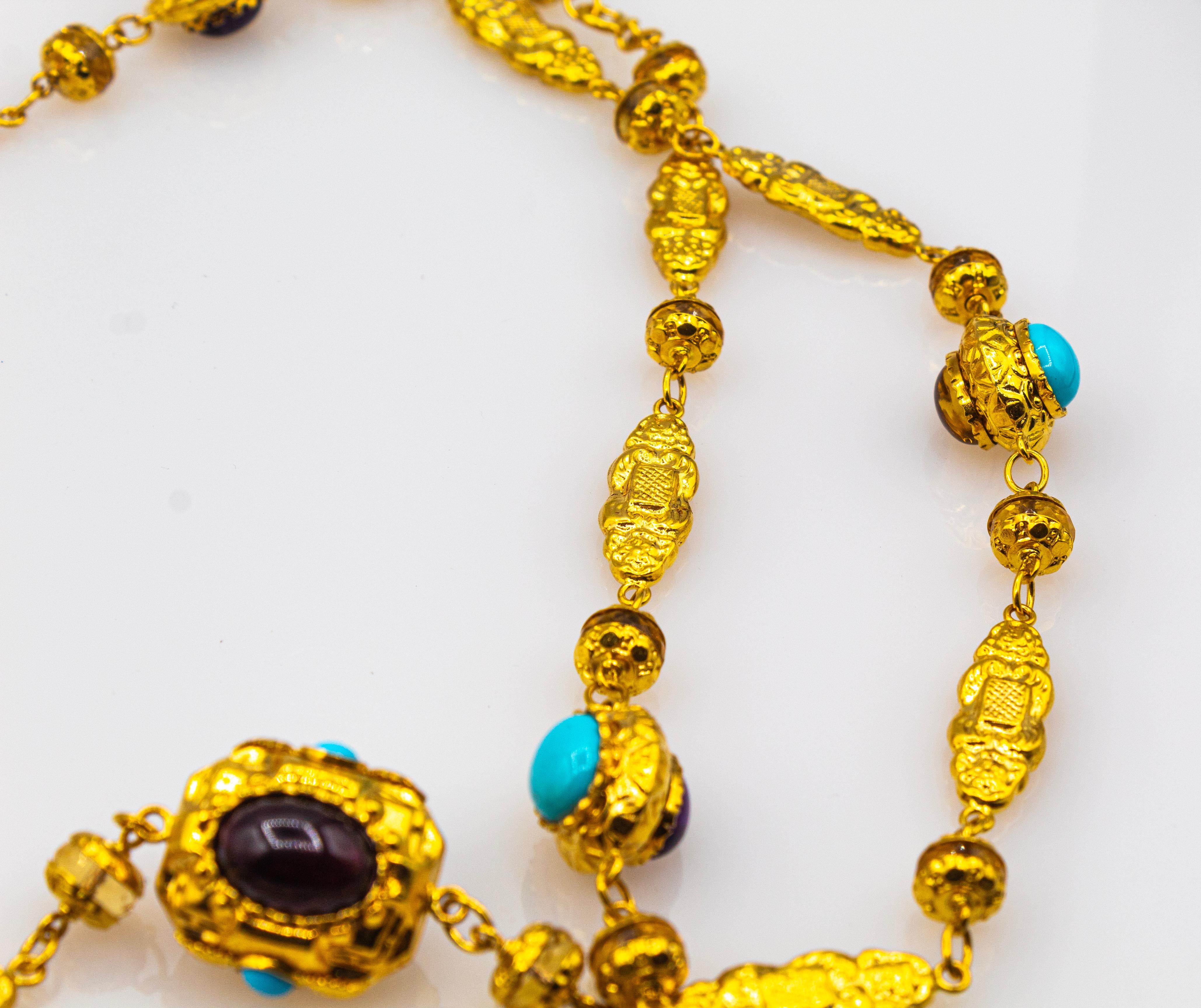 Art Nouveau Citrine Turquoise Tourmaline Chrysoprase Yellow Gold Drop Necklace For Sale 2