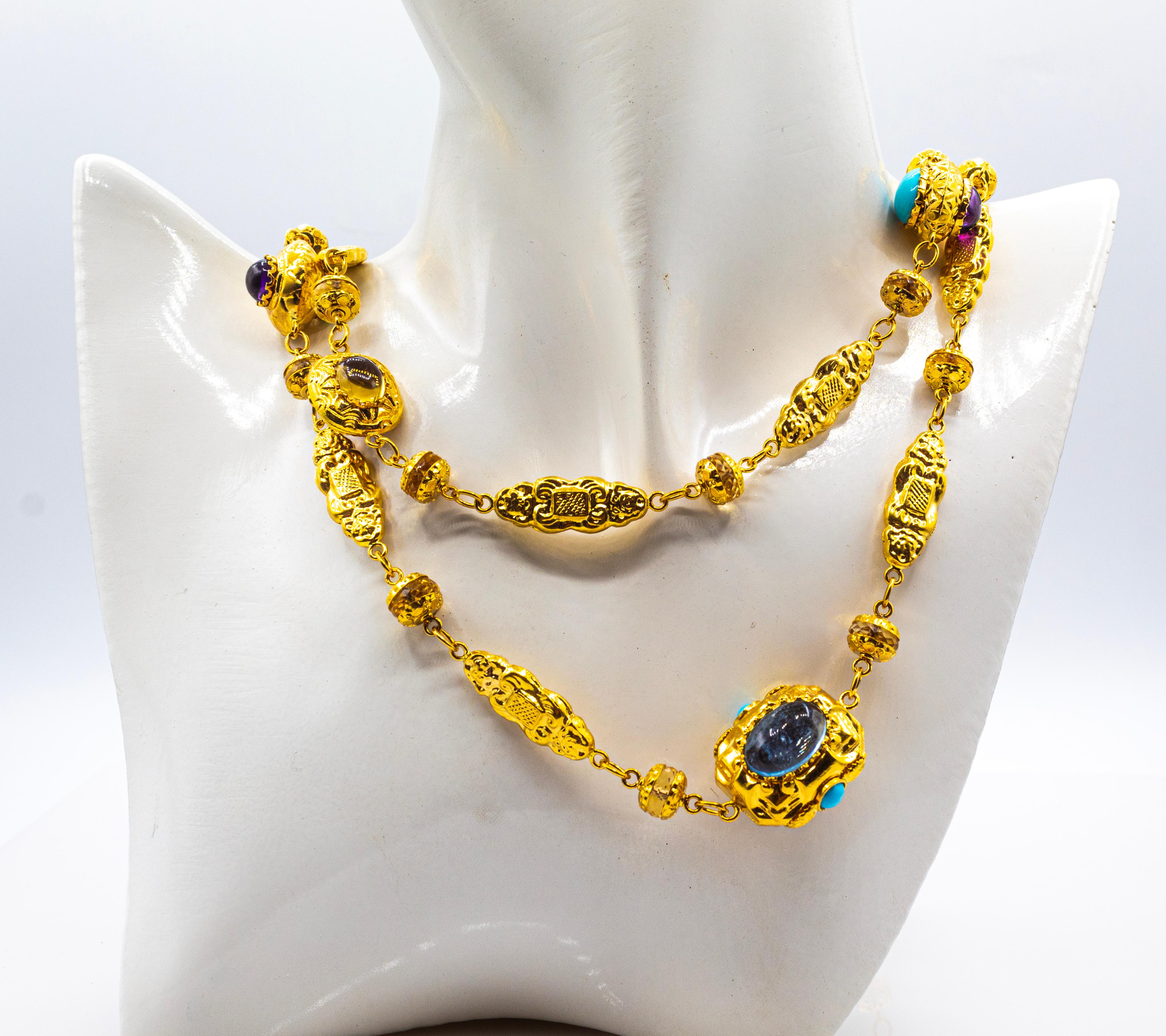 Art Nouveau Citrine Turquoise Tourmaline Chrysoprase Yellow Gold Drop Necklace For Sale 3
