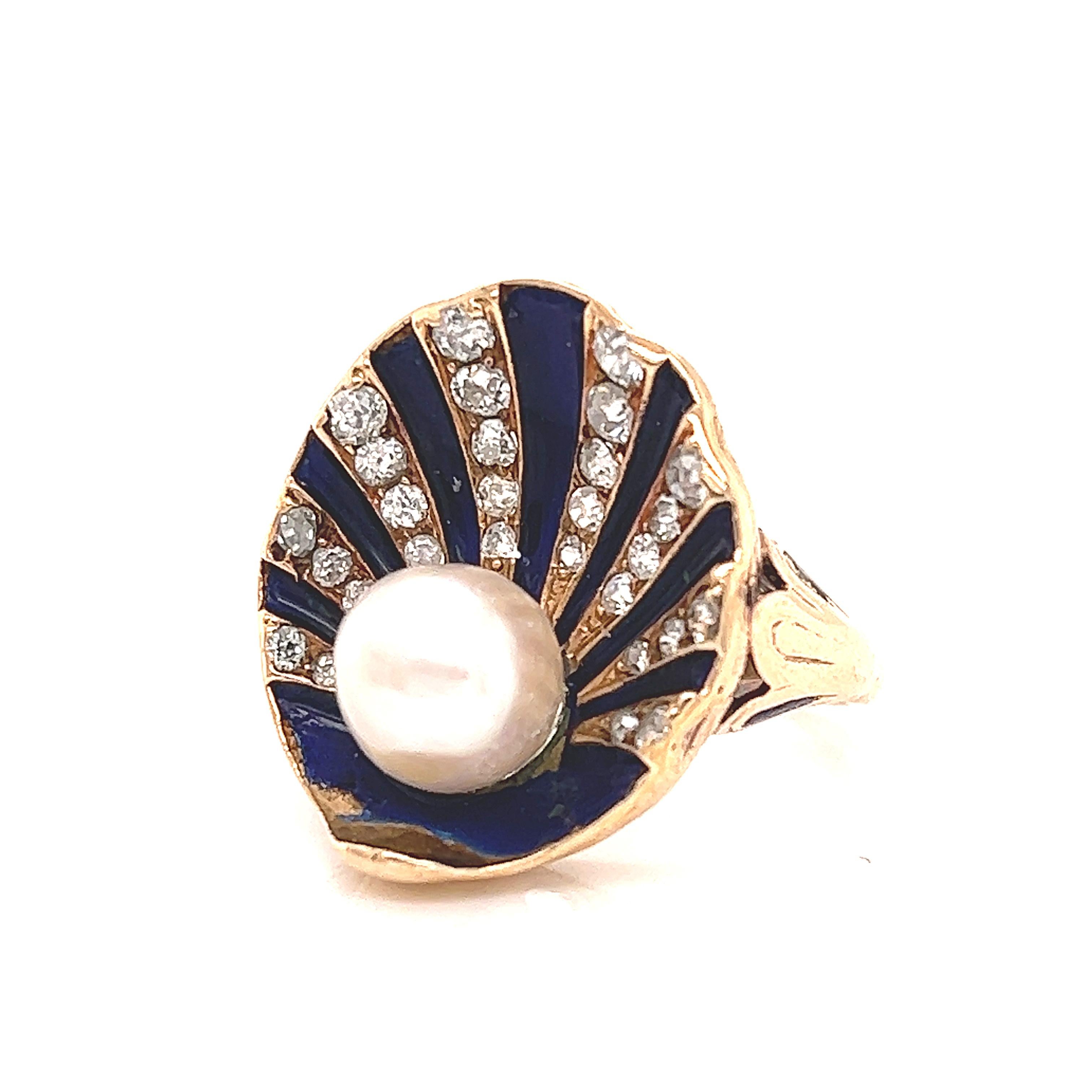 Old Mine Cut Art Nouveau Clamshell Enamel Pearl & Diamond Cocktail Ring