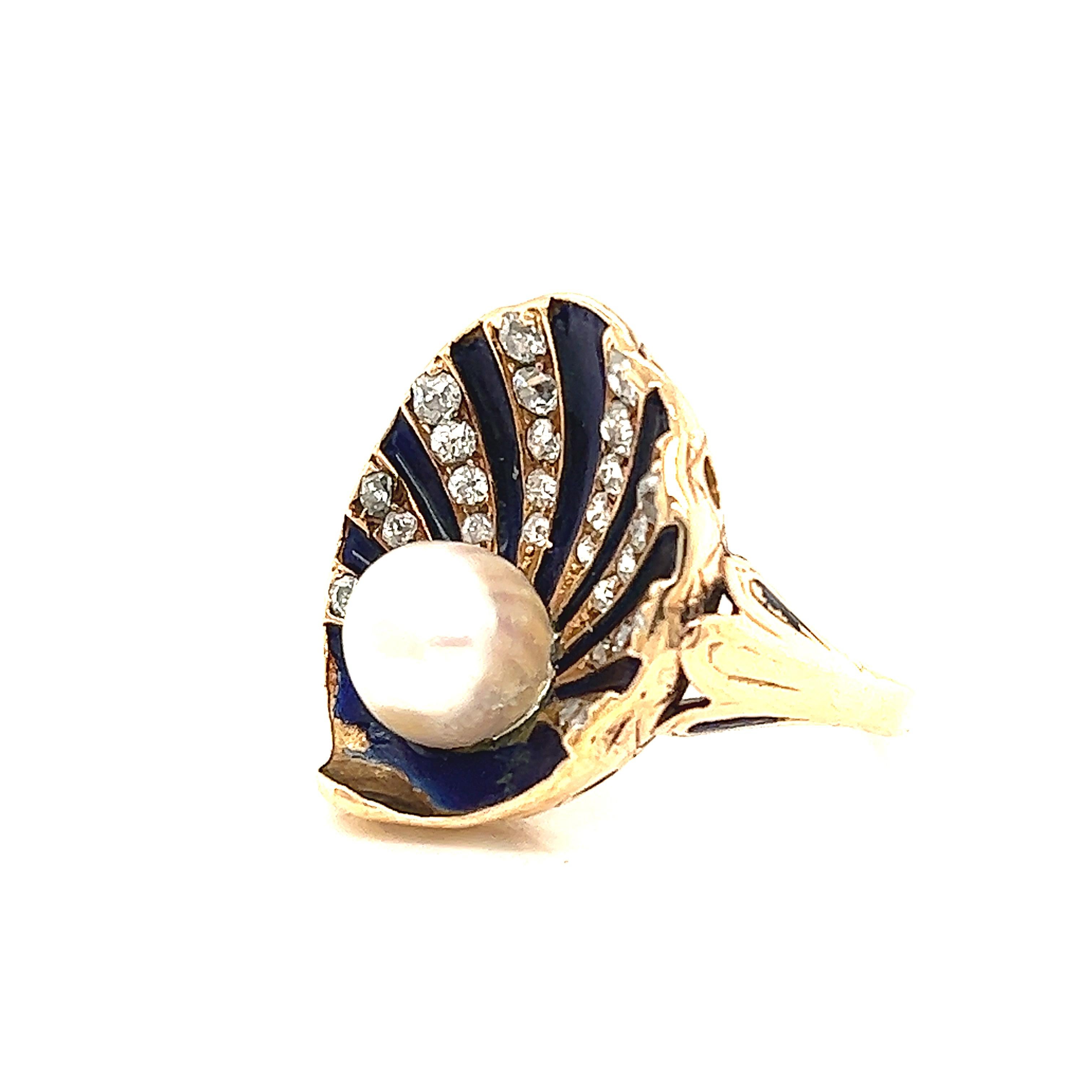 Women's or Men's Art Nouveau Clamshell Enamel Pearl & Diamond Cocktail Ring