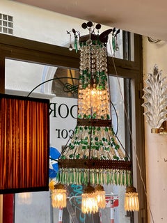 Art Nouveau Clear and Green Bohemian Crystal Chandelier, 1920s