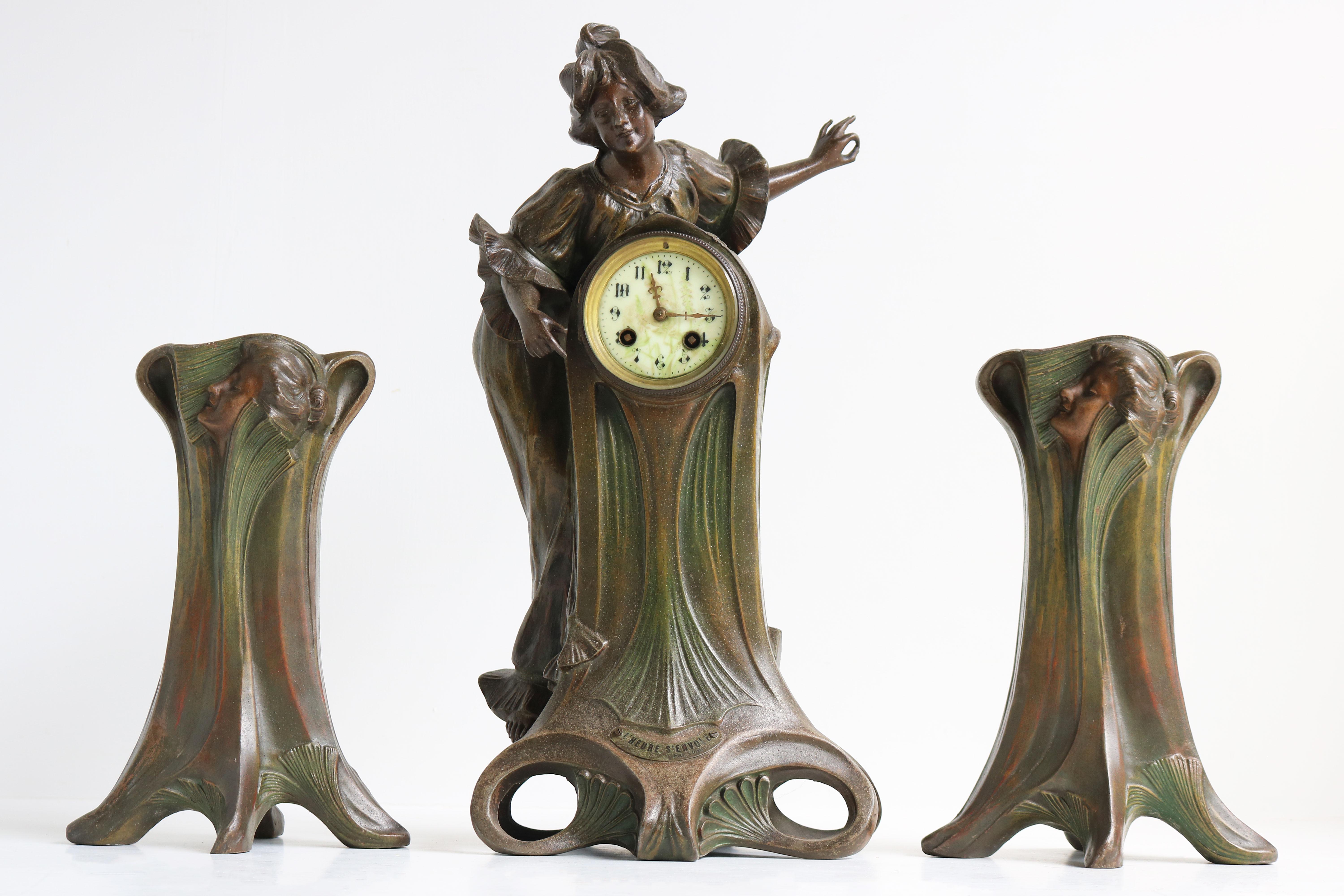 Jugendstil-Uhr-Set von Francesco Flora 1890, antikes dreiteiliges französisches Kaminsims-Set im Angebot 3